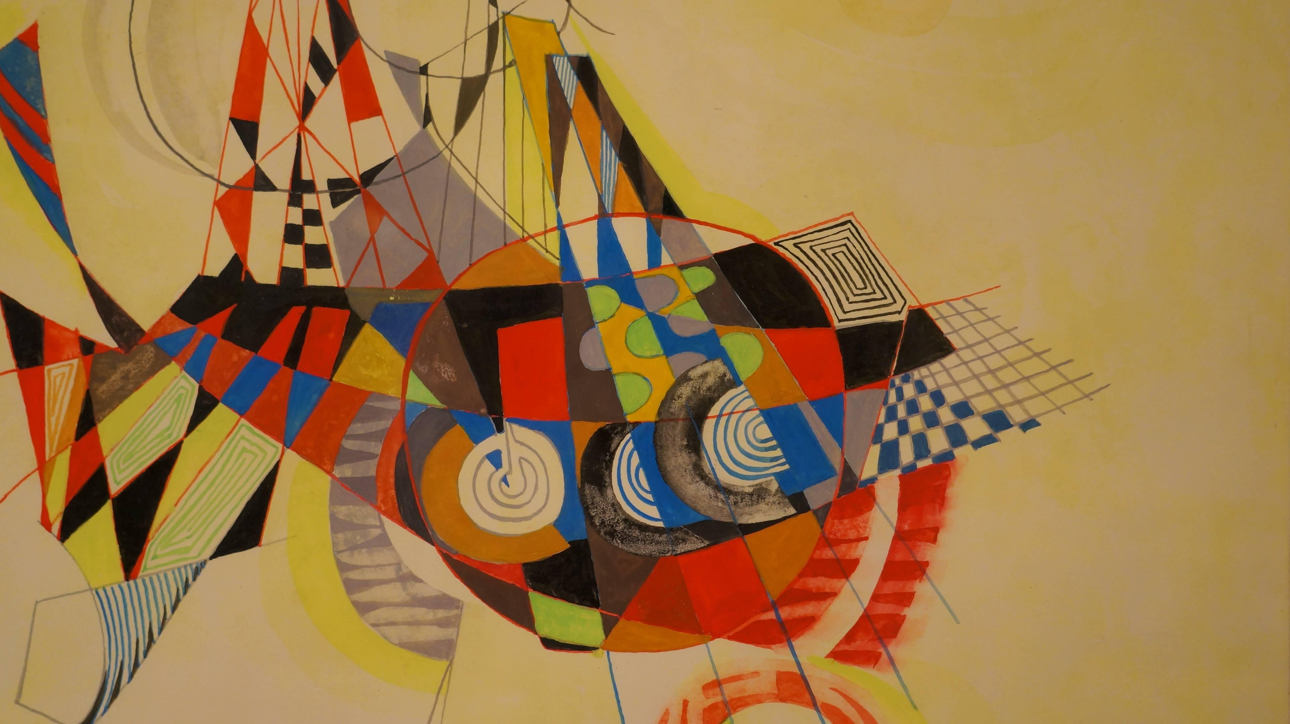 Composition surréaliste, 1987, gouache, 50x65 cm, encadrée - Marron Abstract Drawing par Pierre de Berroeta