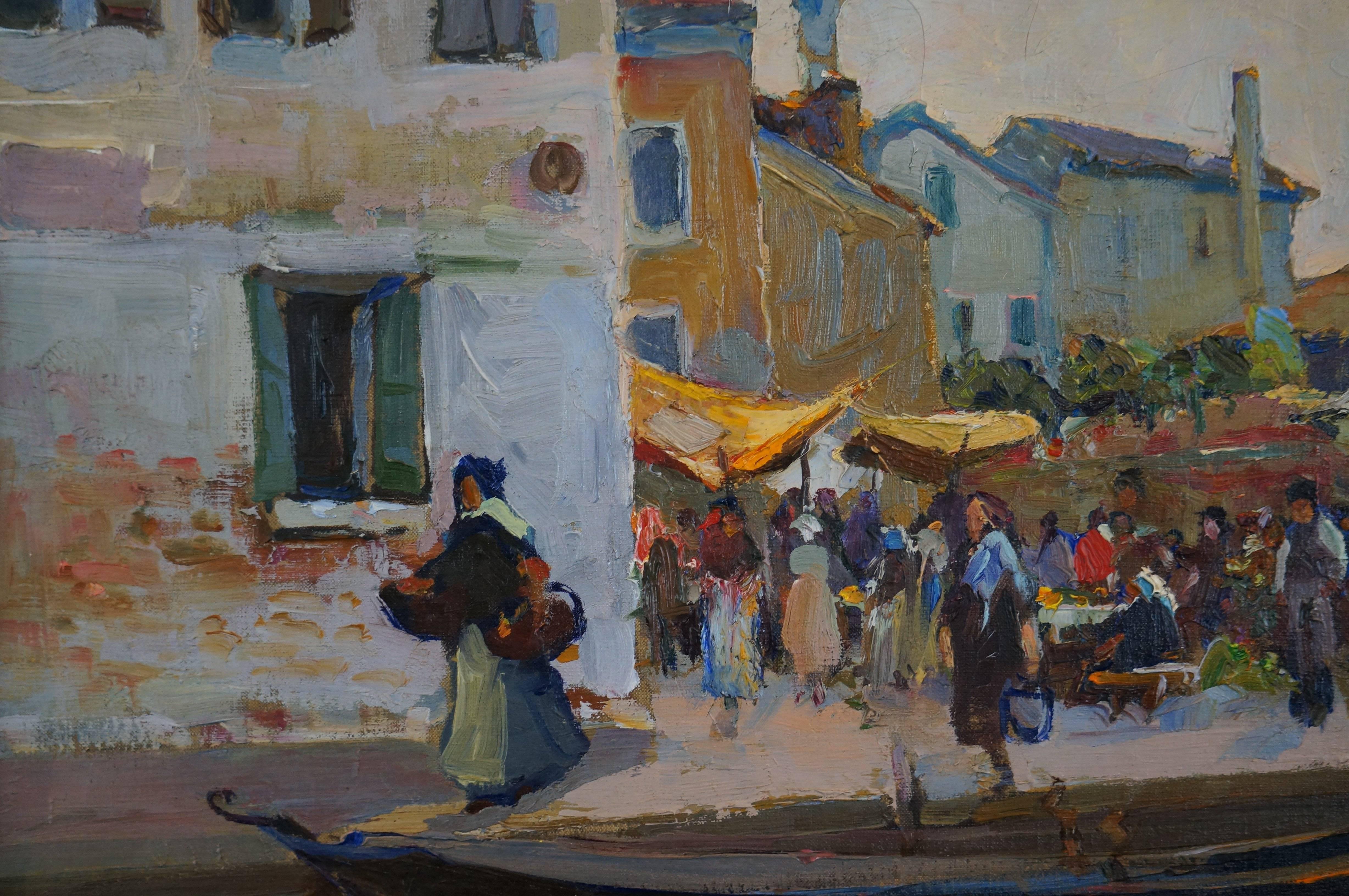 Le marché - Gris Figurative Painting par Fantini Philippe