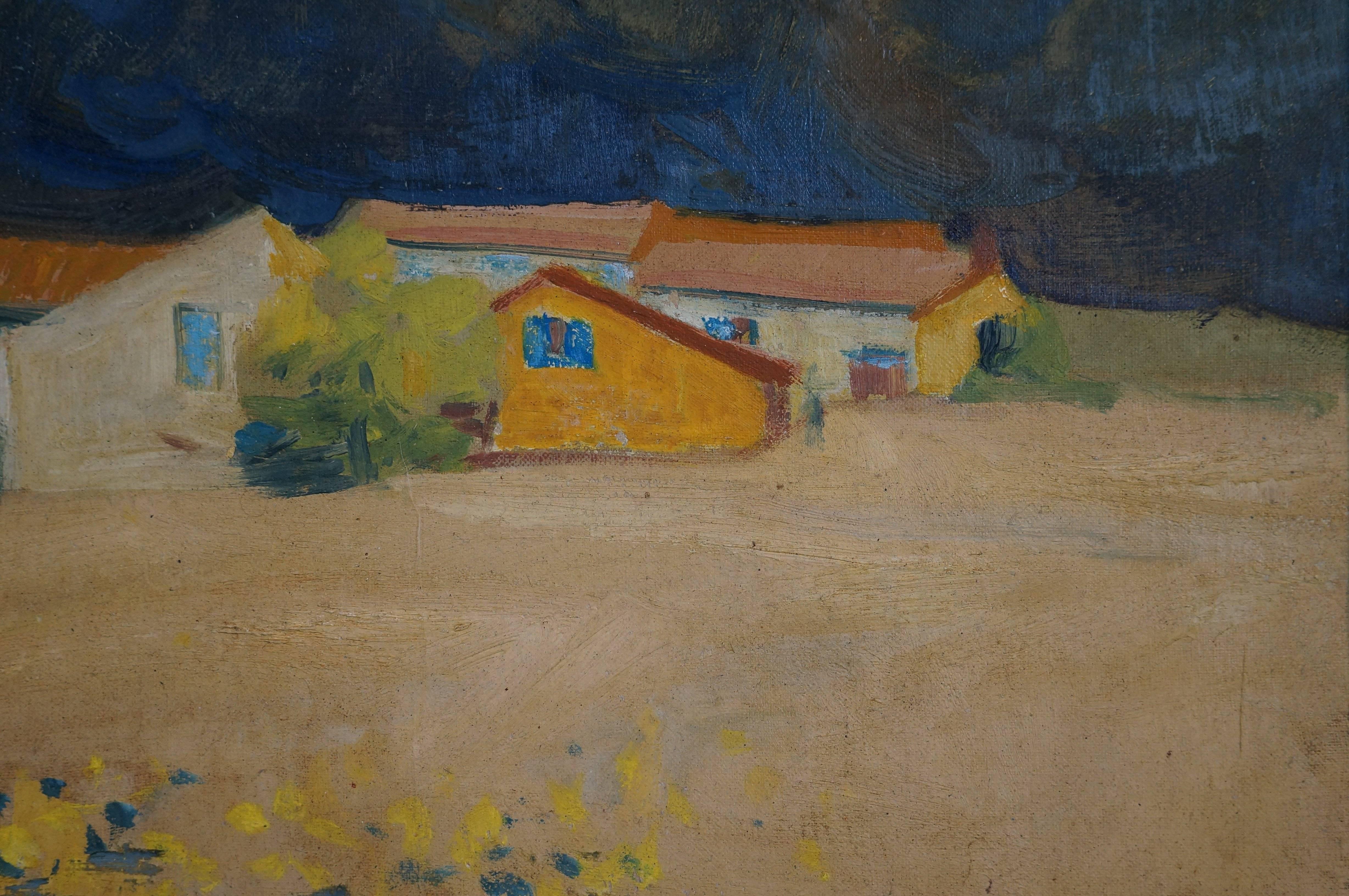 The Farm, 1960-65 - oil paint, 70x80 cm, framed - Brown Landscape Painting by Georges Gaston Arnulf