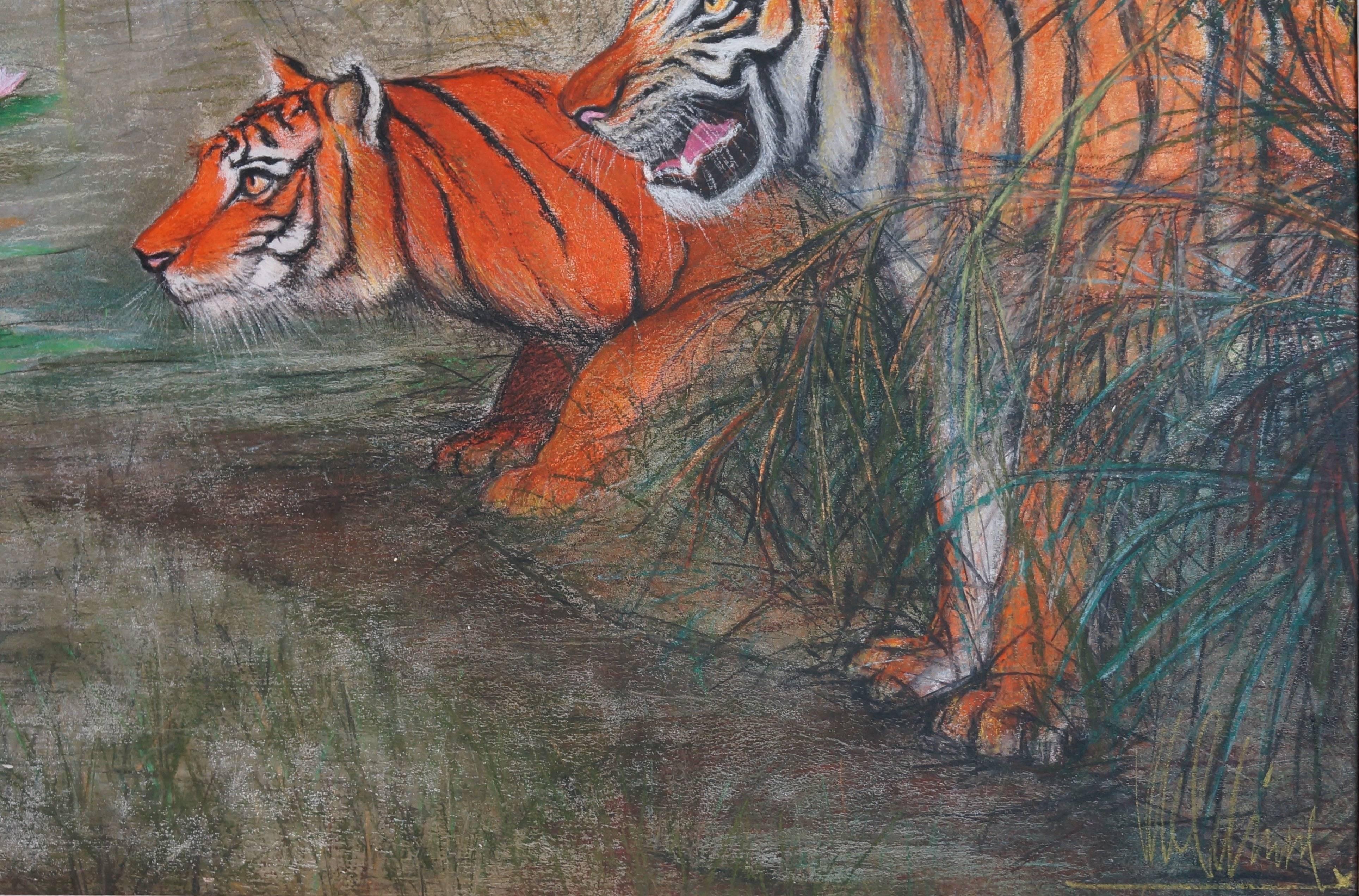 Tigers, 1960-70 - oil paint, 110x220 cm, framed - Painting by Unknown