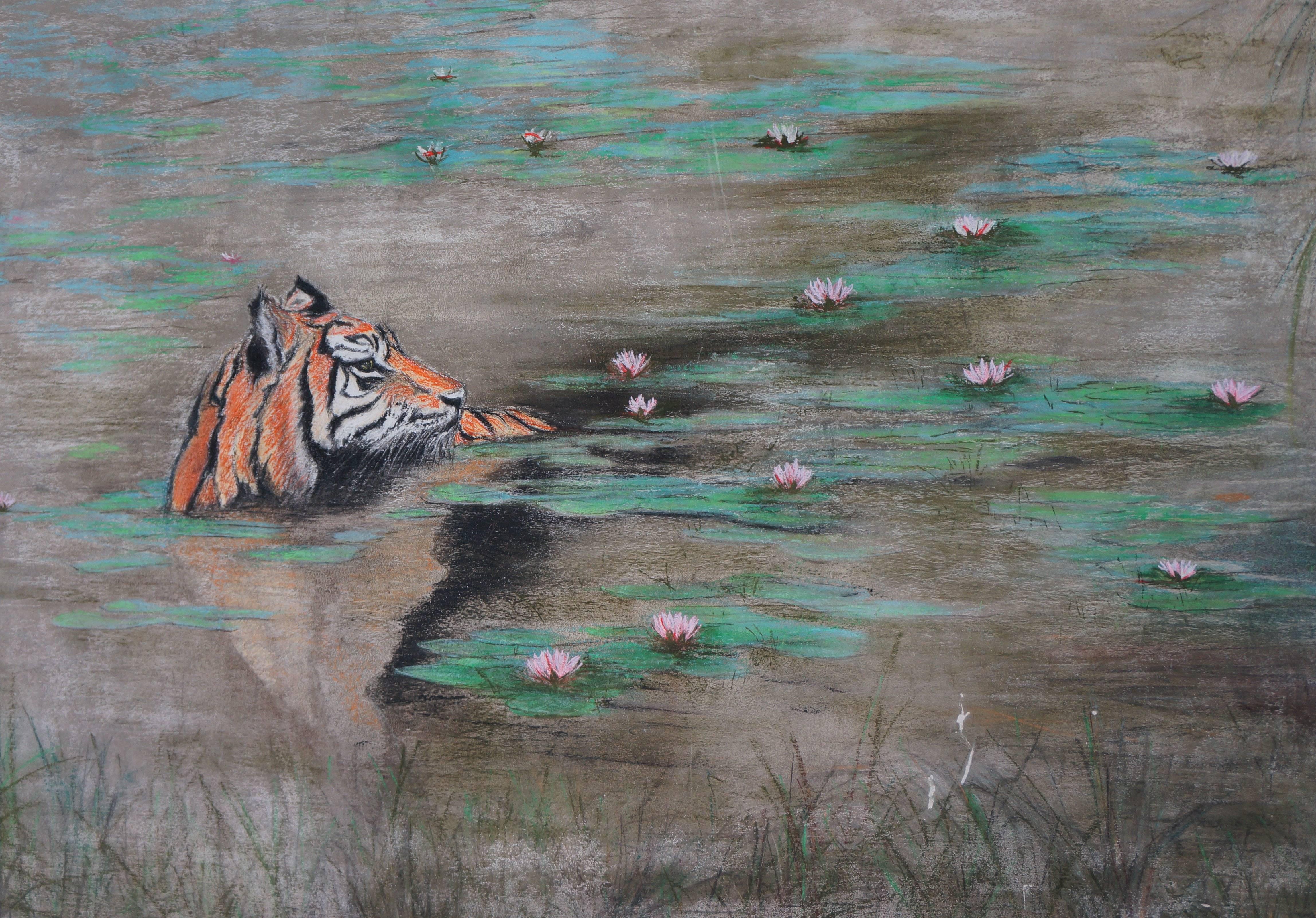 Tigers, 1960-70 - oil paint, 110x220 cm, framed - Contemporary Painting by Unknown