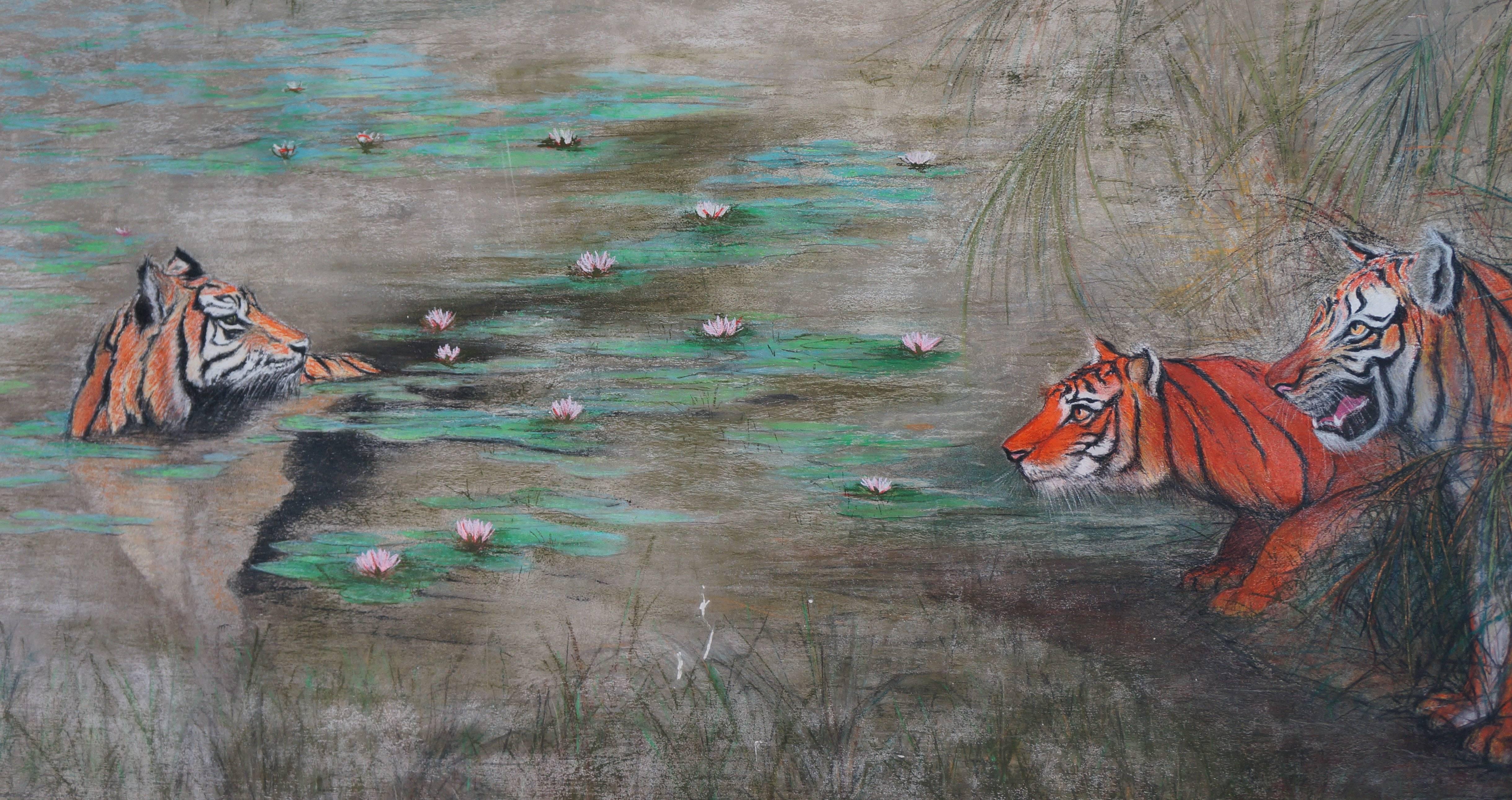 Tigers, 1960-70 - oil paint, 110x220 cm, framed - Gray Animal Painting by Unknown