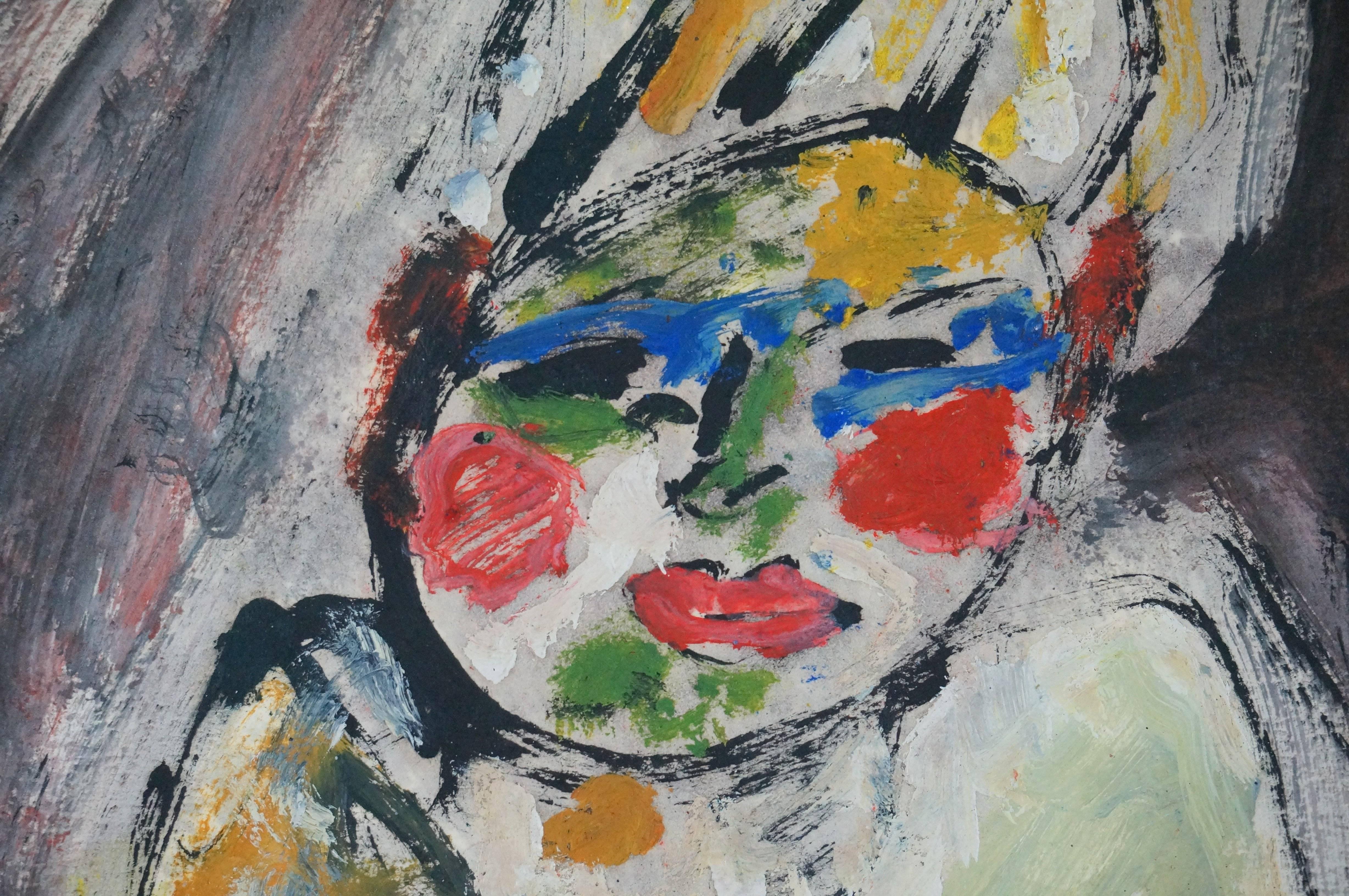 Clown, 1998 - Ölfarbe, 75x60 cm, gerahmt (Grau), Abstract Drawing, von Armand Avril