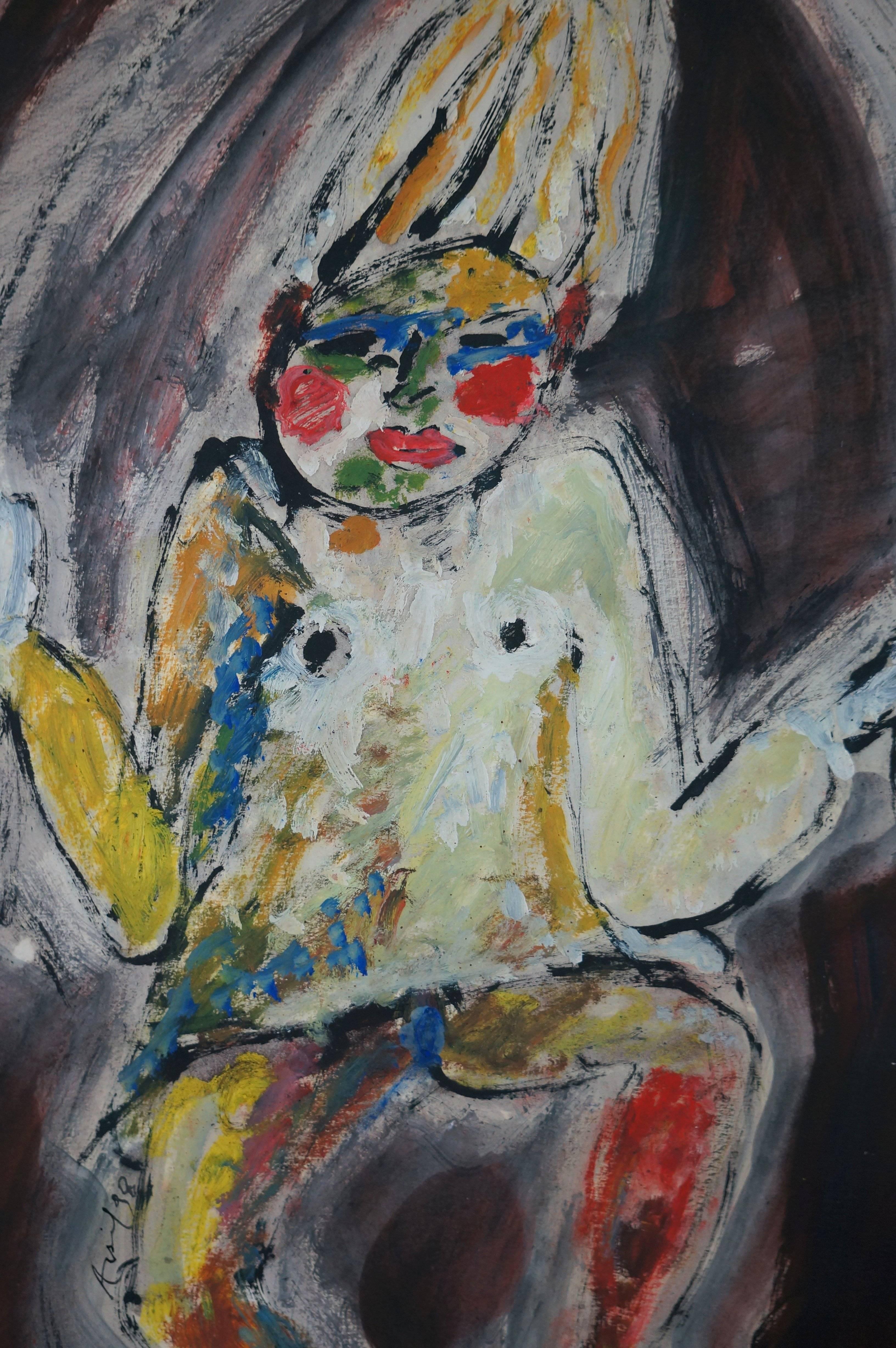 Clown, 1998 - oil paint, 75x60 cm, framed - Gray Abstract Drawing by Armand Avril