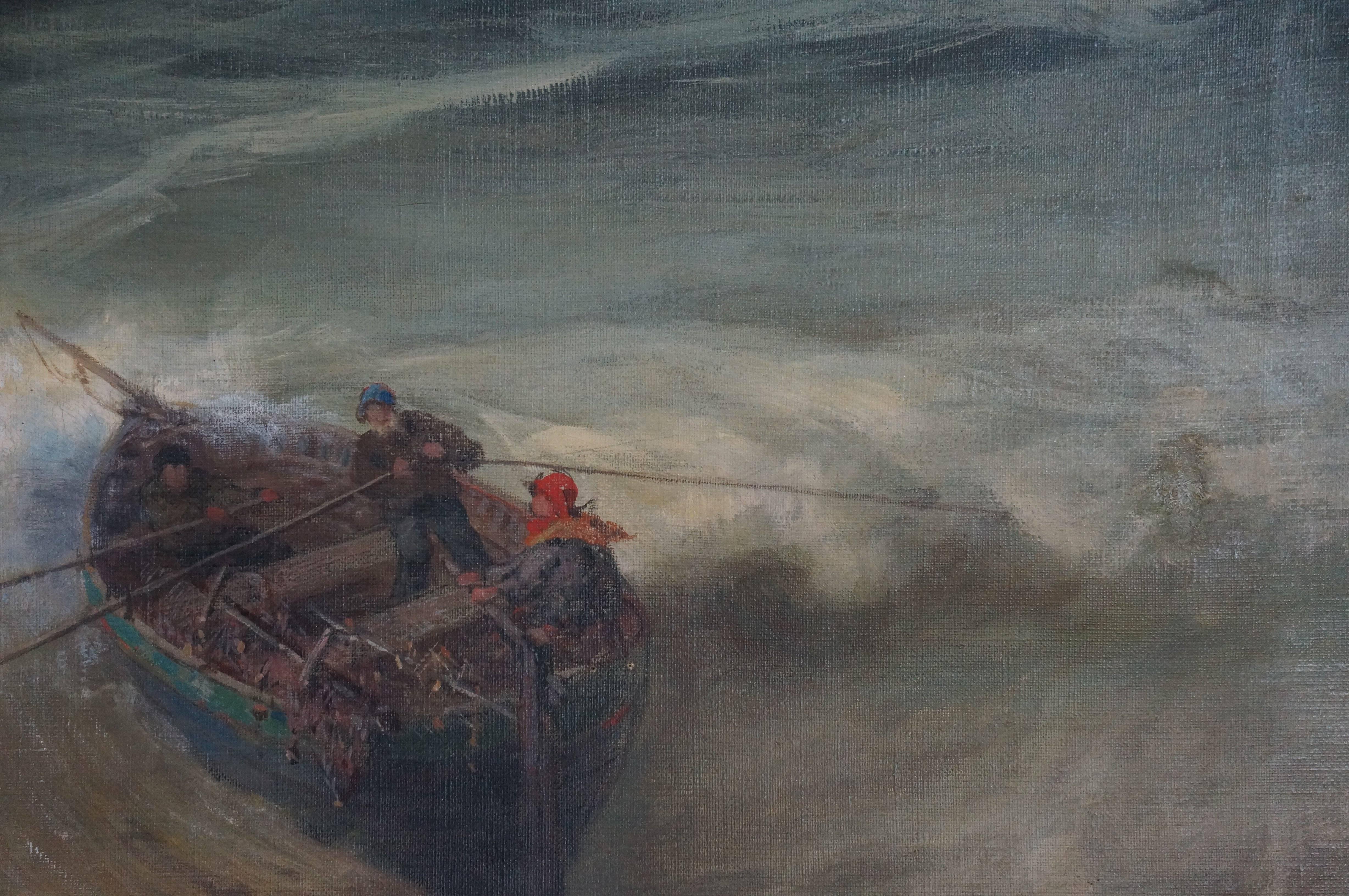Boat In Storm - Gray Figurative Painting by Augustin Ferri