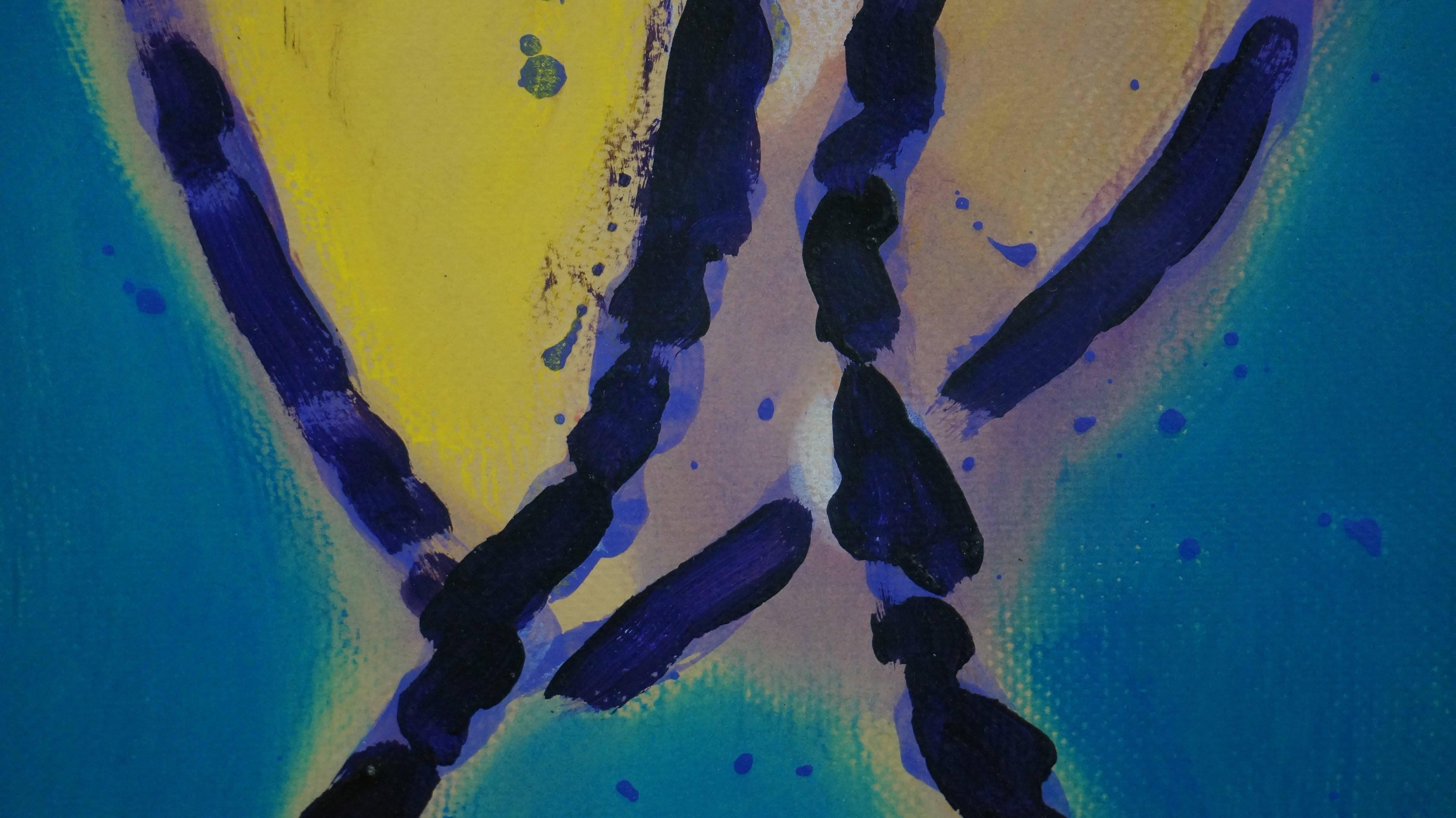 Composizione astratta AV1, 1980-90  - Guazzo a olio, 90x56 cm, incorniciato - Abstract Painting Grigio di André Verdet
