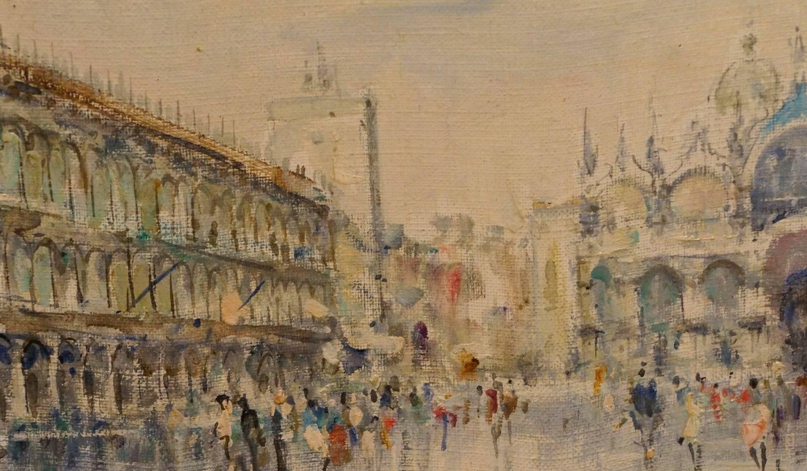La Place Saint Marc, XIX c. - oil paint, 24x35 cm, framed. - Post-Impressionist Painting by Unknown