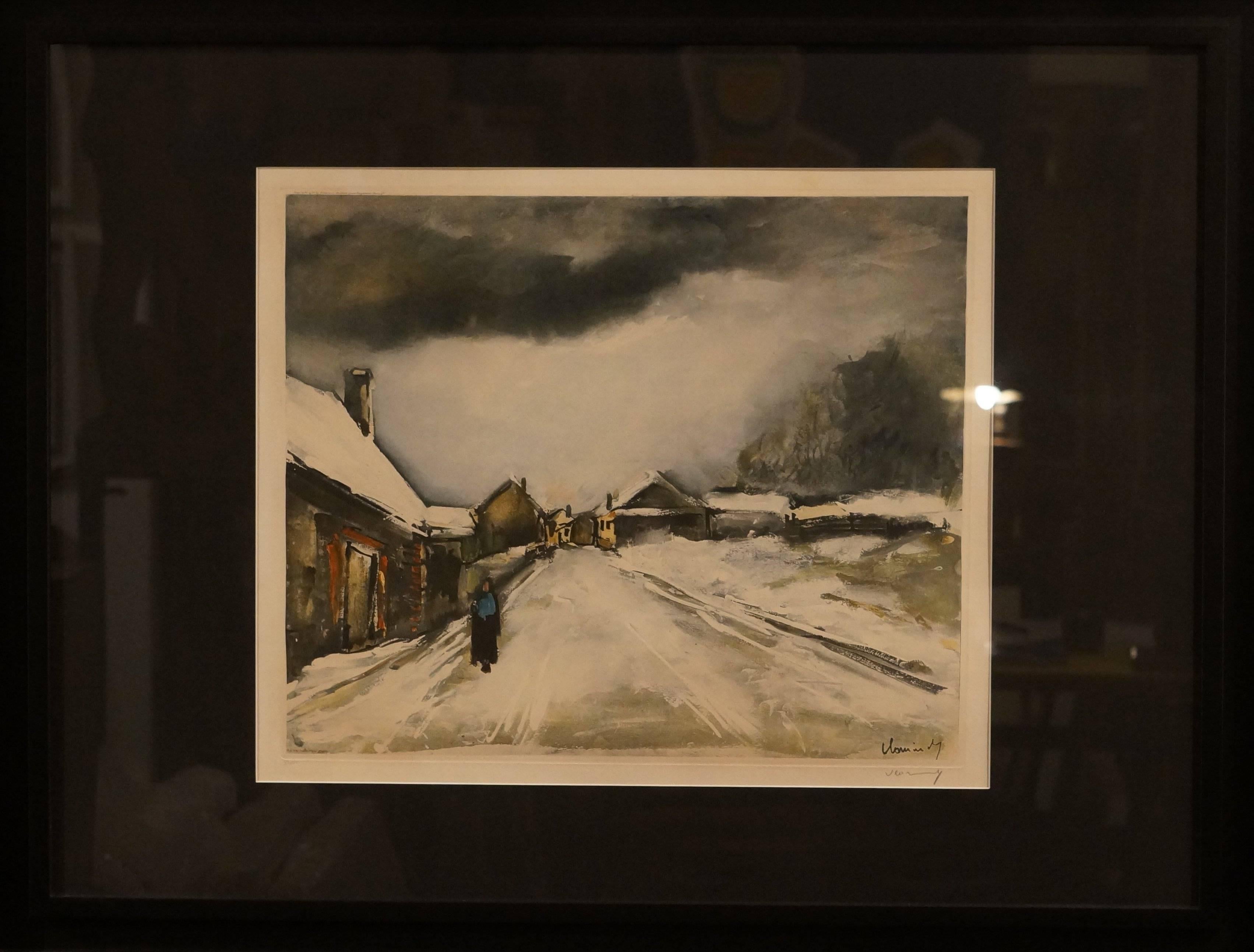 Maurice de Vlaminck Landscape Print - Snowy Landscape, 1928 - signed litograph, 78x101 cm., framed