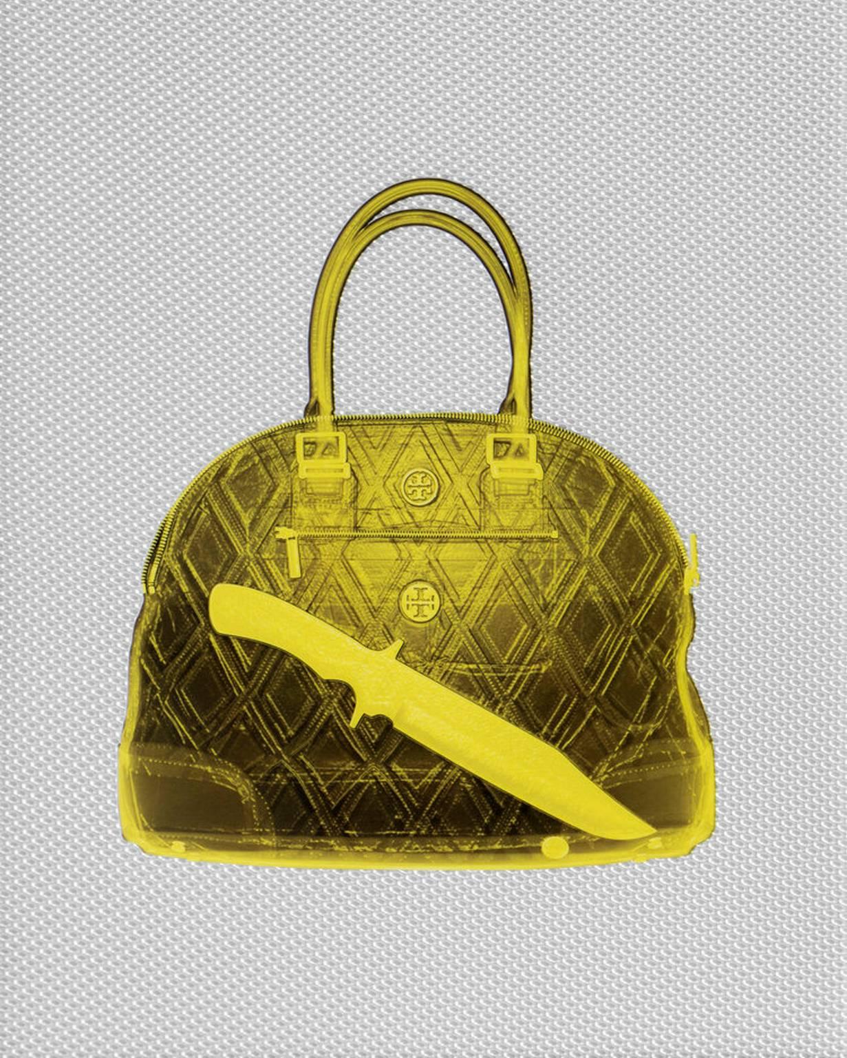 Color Photograph, "Gold Tory Burch Handbag with Knife" (Fashion, Designer Bag) - Print by Blazo Kovacevic