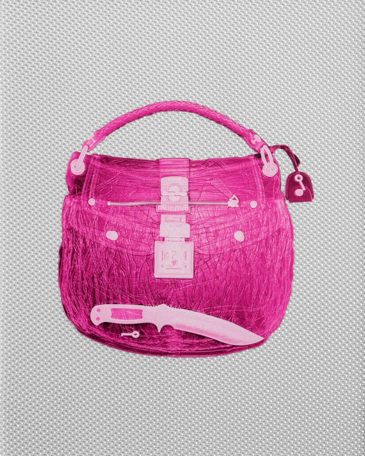 Blazo Kovacevic Print - Color Photograph, "Magenta Miu Miu Handbag with Knife" (Fashion, Designer Bag)