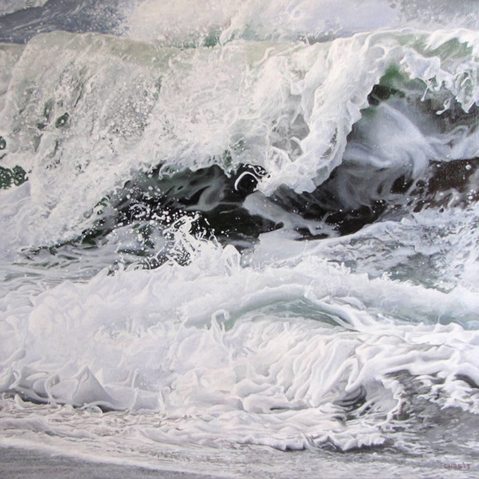 Charles Hartley Landscape Painting - Photorealist painting with white green and blue, "Wave for Hokusai" oil on linen