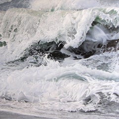 Photorealist painting with white green and blue, "Wave for Hokusai" oil on linen