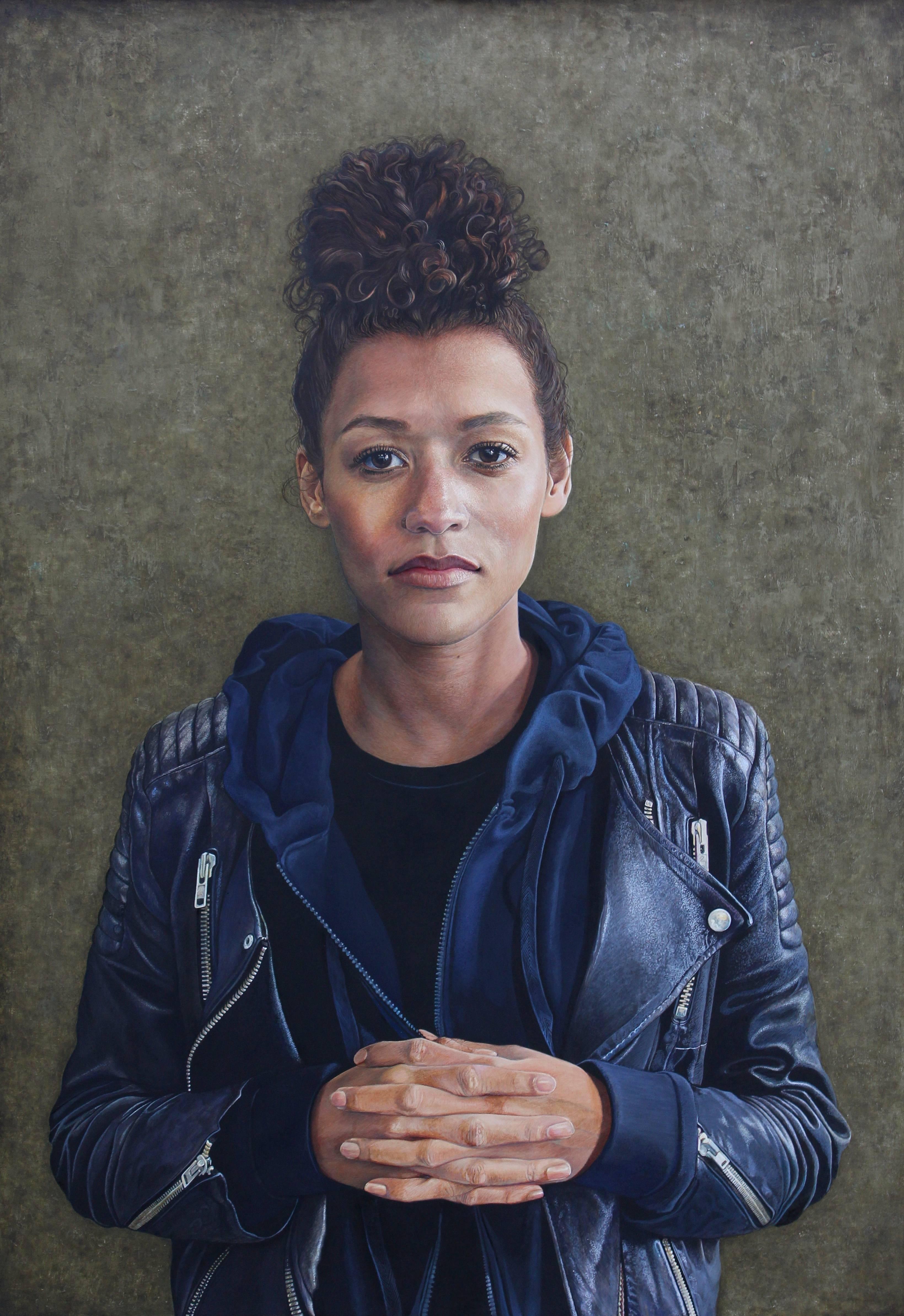 Alan Coulson Portrait Painting - Photorealist portrait of a woman with green background, "Janis", oil on panel