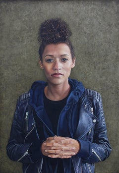 Photorealist portrait of a woman with green background, "Janis", oil on panel