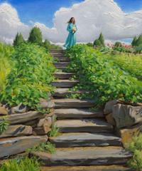 Realist landscape with green gray and blue "Looking Ahead" oil on linen on panel