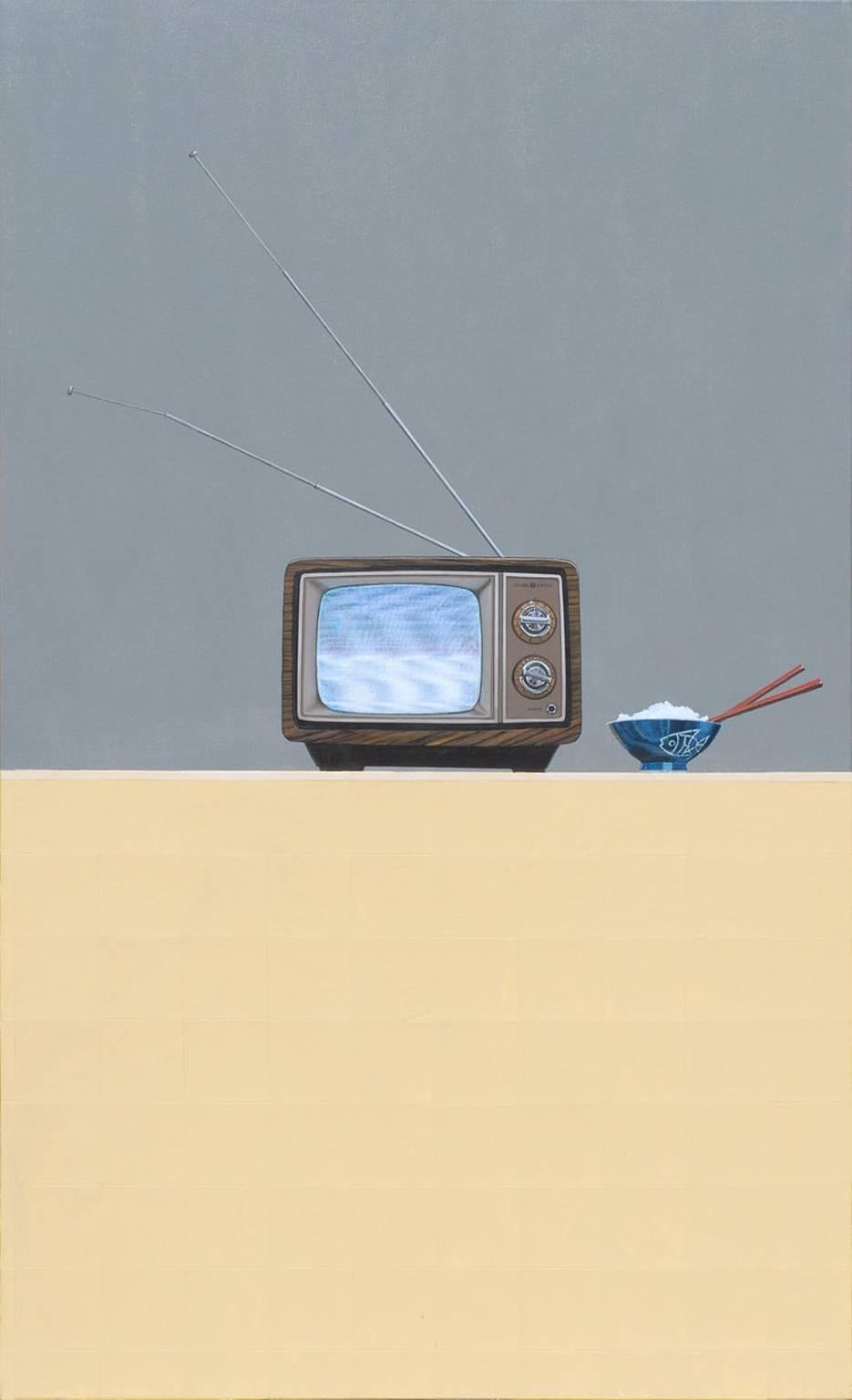 Gordon Lee Interior Painting - Photorealist painting with yellow and gray, "Tv Dinner", oil acrylic on canvas