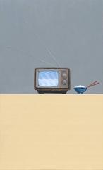 Photorealist painting with yellow and gray, "Tv Dinner", oil acrylic on canvas