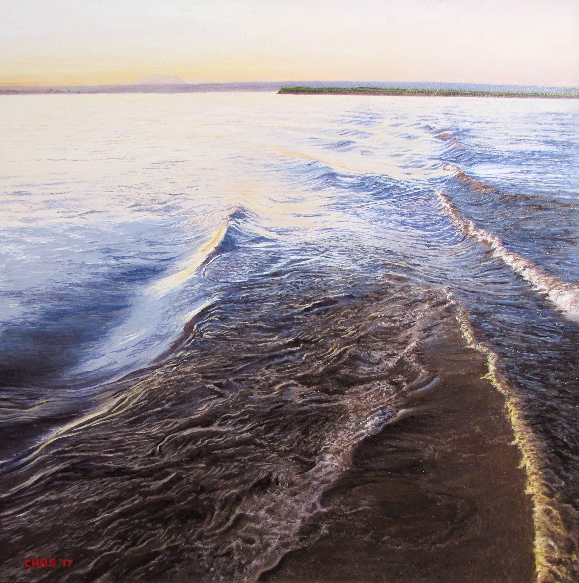 Charles Hartley Landscape Painting - Blue photorealist ocean sunrise, "On the Ayeyarwady at Sunrise", oil on panel