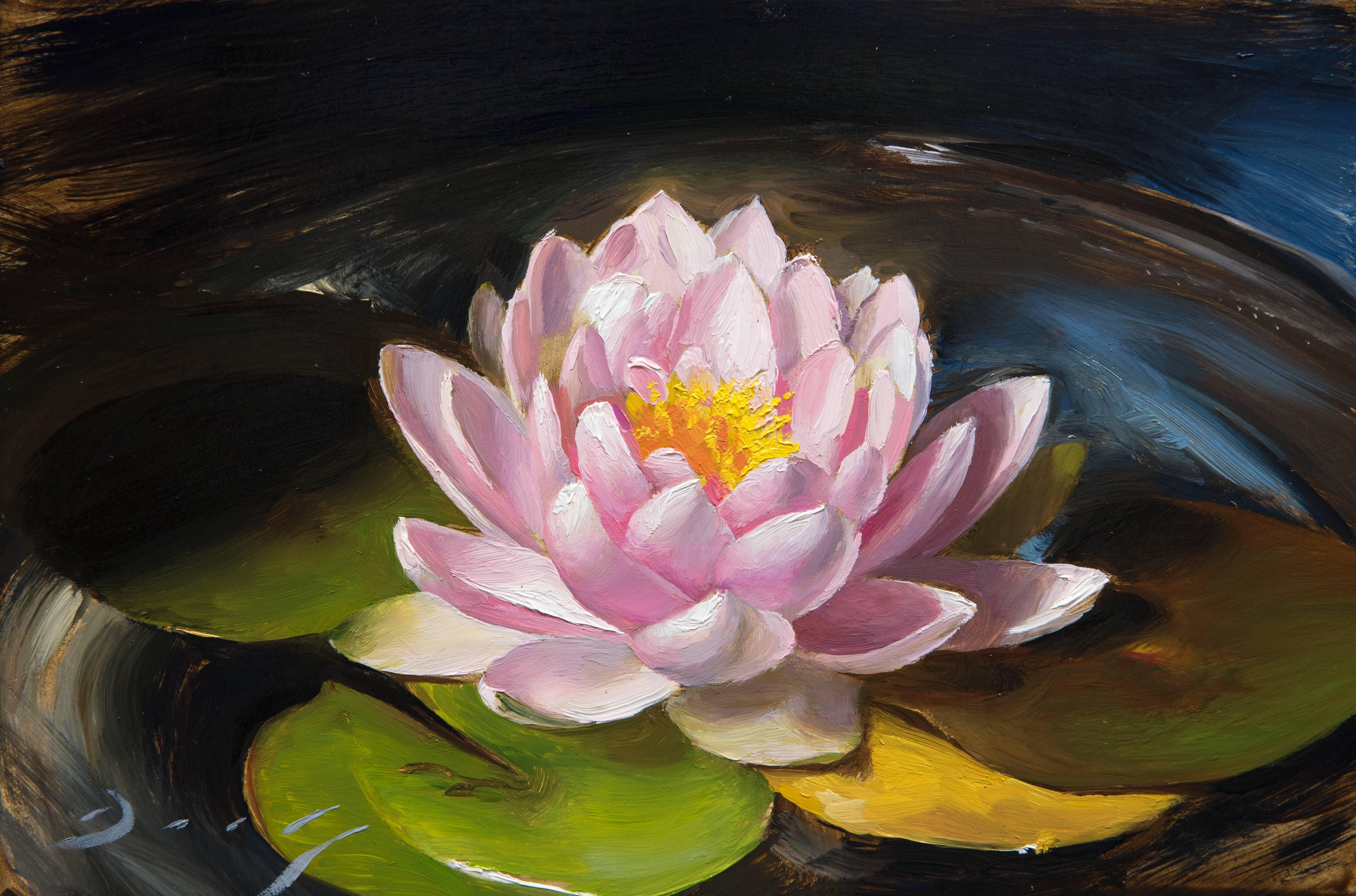 Joseph Q. Daily Still-Life Painting - Realist pink white and yellow flower, "Water Lily", oil on panel, small scale