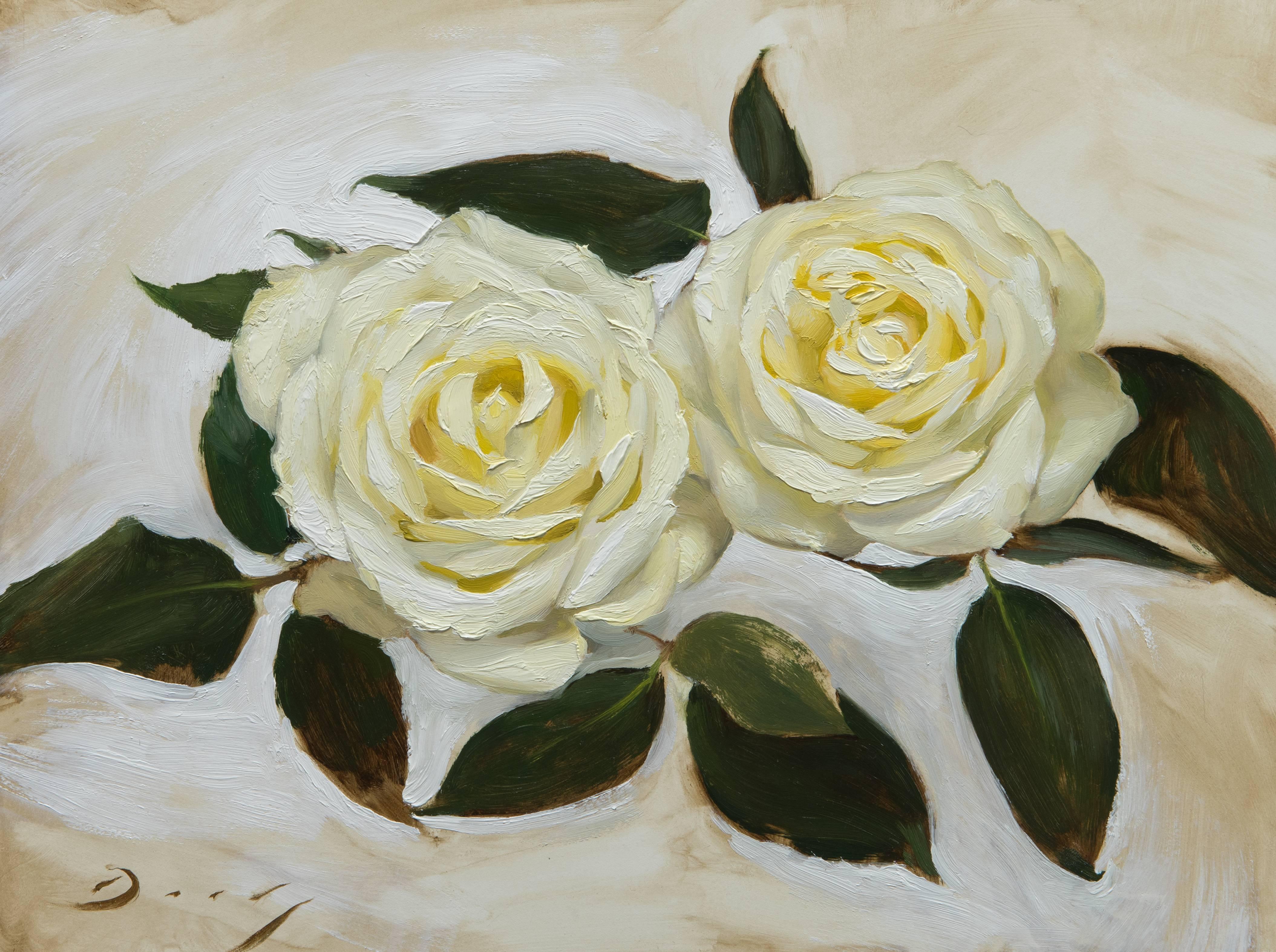 Joseph Q. Daily Still-Life Painting - Realist flowers with green and yellow, "A Pair of White Roses", oil on panel