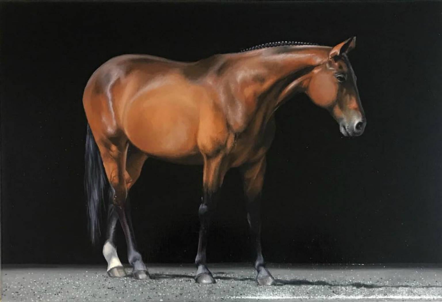 Richard Heisler Still-Life Painting - Photorealist brown horse, "Koufax", Inspired by George Stubbs