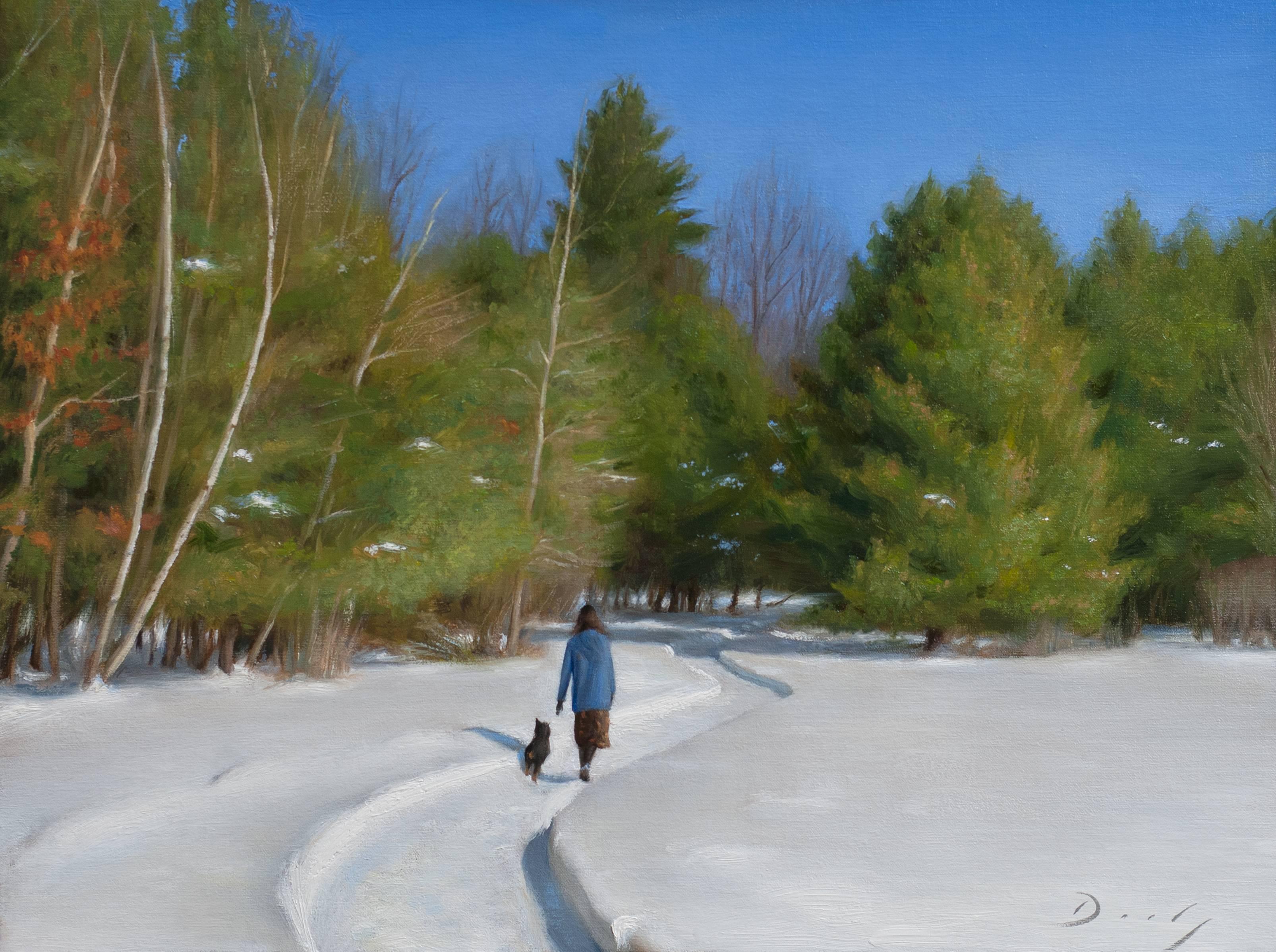 Joseph Q. Daily Landscape Painting - Realist winter snow scene with white green and blue, "Into the Woods", 2017