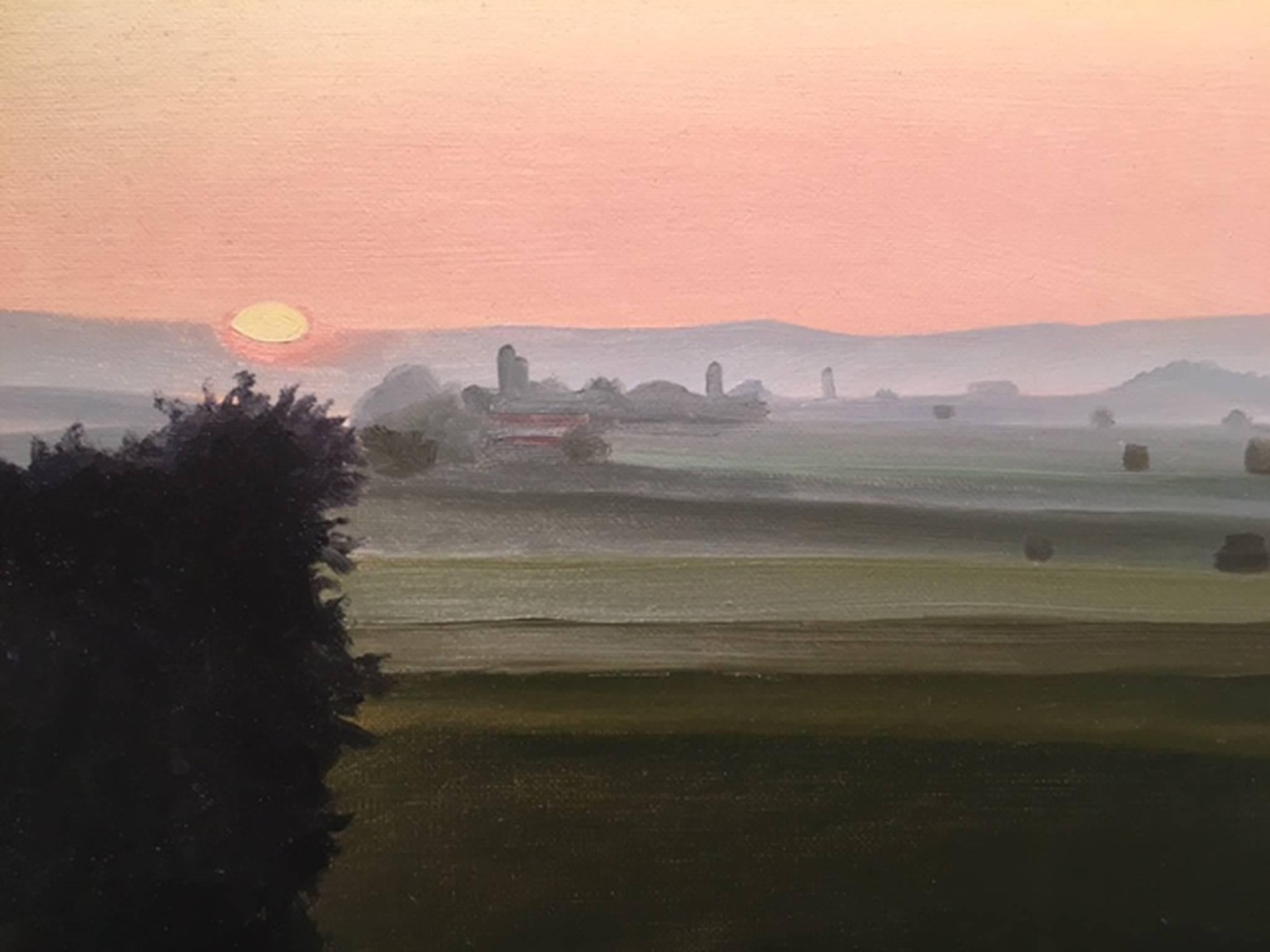 Richard Heisler Landscape Painting - Realist sunrise with pink yellow and green, "Dawn Study", oil on panel, 2013