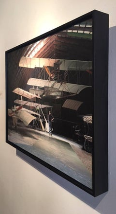 Photorealist painting airplane hangar, "Residue", oil on linen