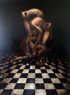 Black white and beige realist painting, "Souls (Can This Stand?)", oil on canvas