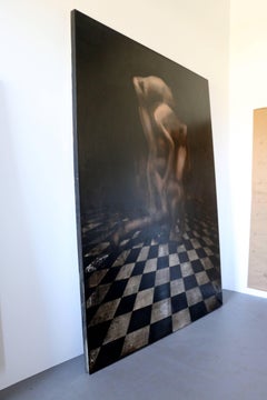 Black white and beige realist painting, "Souls (Can This Stand?)", oil on canvas