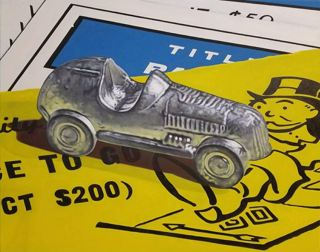 Photorealist Monopoly Car, "Collect $200", oil on canvas, gray yellow and blue - Painting by A.J. Fries