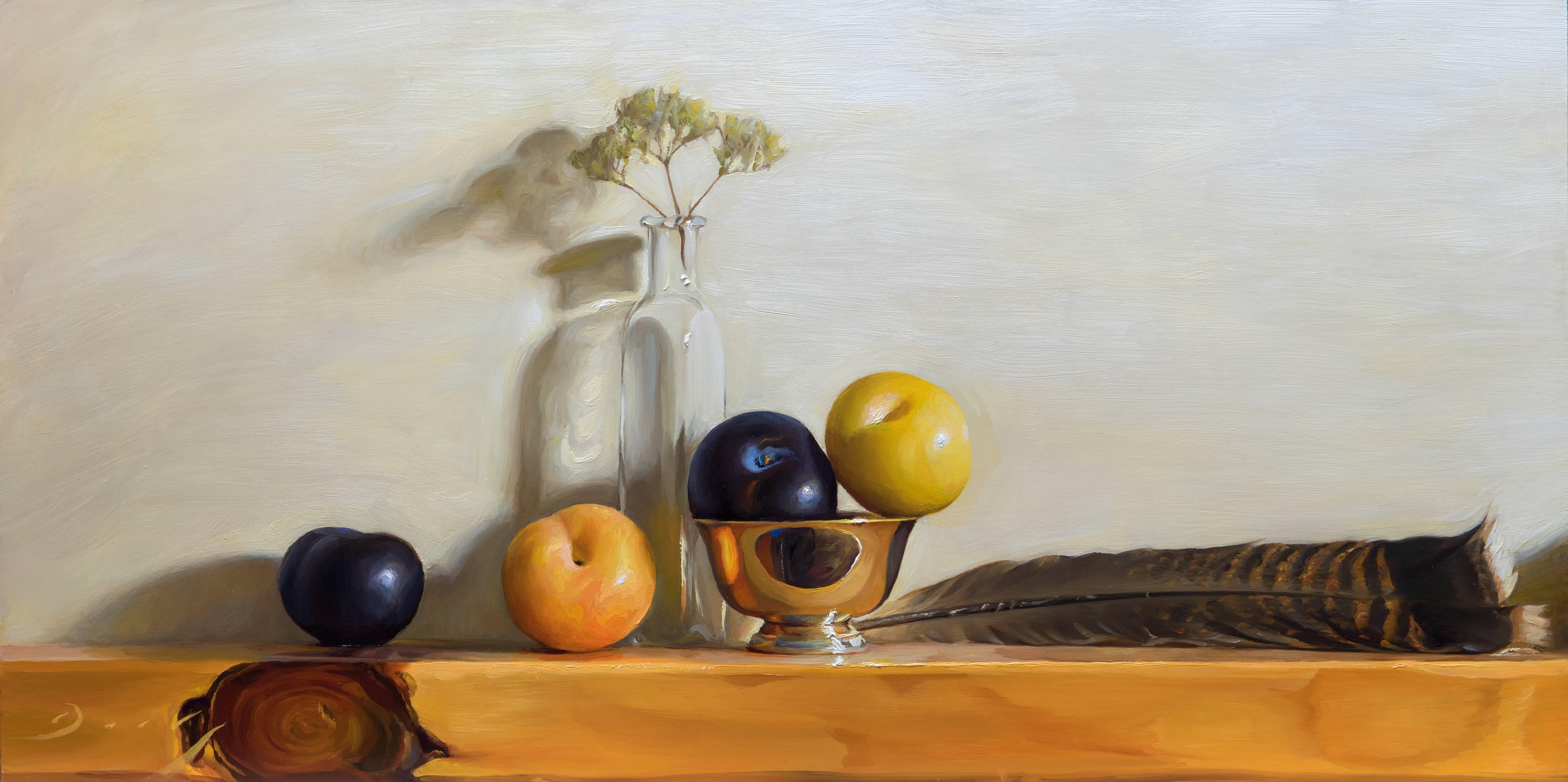 Joseph Q. Daily Still-Life Painting - Realist gold blue and yellow still-life, "Still Life With Plumcots" oil on panel