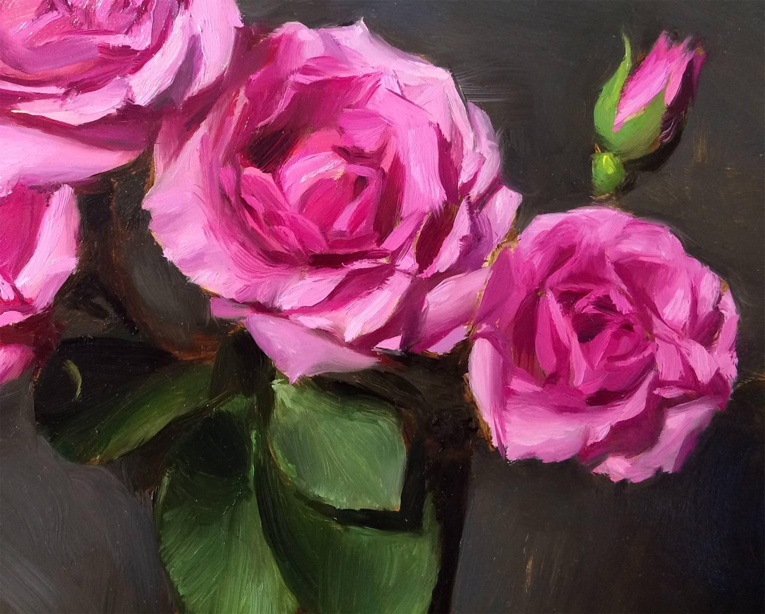 Roses blooming in a simple bronze vase is the center Pink Spray. With pinks ranging from pale pink to bright fuchsia and a background of blues and greys, Daily creates a classic still-life that will brighten your wall. 

Joseph has been making