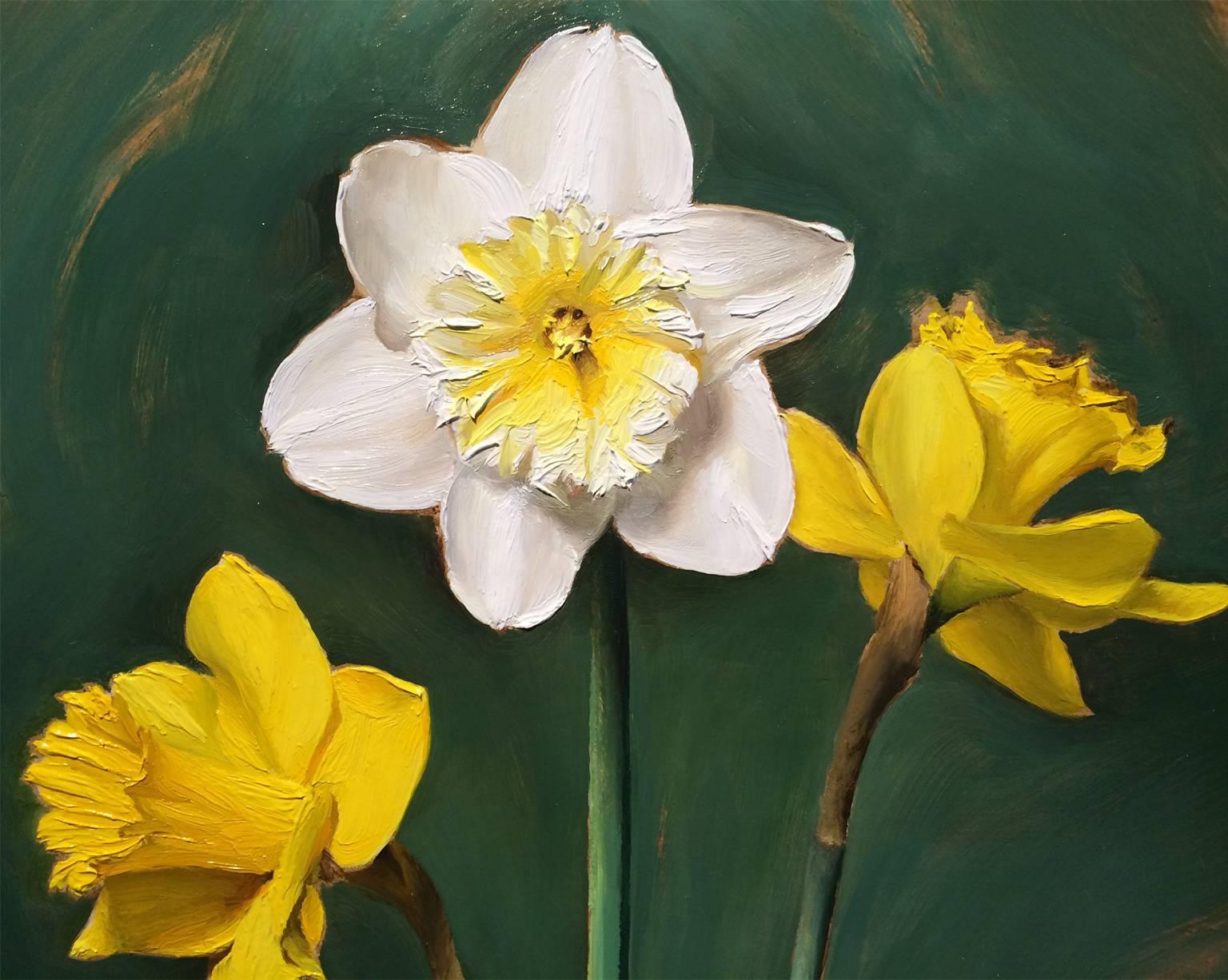 Daffodils by Joseph Q Daily like its title suggests features a trio of daffodils. One white daffodil with a yellow center is featured and supported by a classic yellow daffodil on each side. Daily combines realism with the effortless sweep of