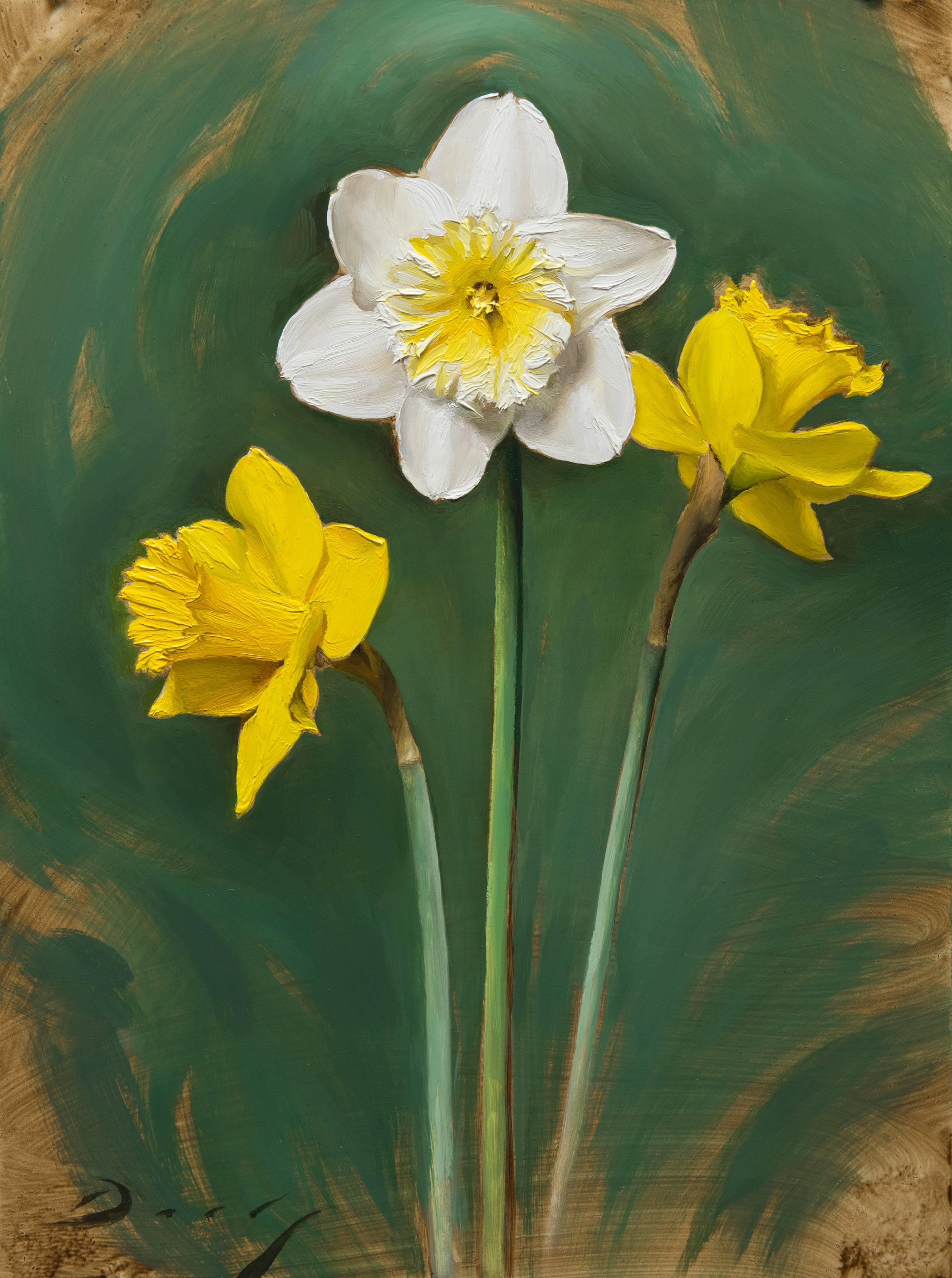 Joseph Q. Daily Still-Life Painting - Realist yellow white and green flowers, "Daffodils", oil on panel, 2017