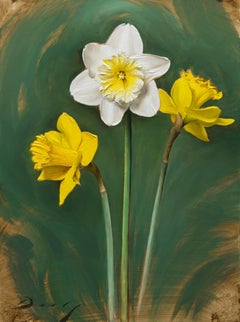 Realist yellow white and green flowers, "Daffodils", oil on panel, 2017