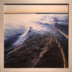 Blue photorealist ocean sunrise, "On the Ayeyarwady at Sunrise", oil on panel