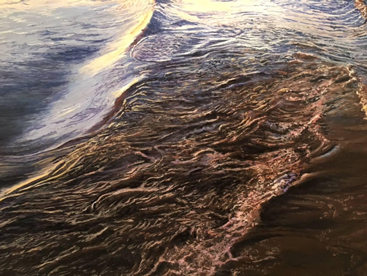 Hartley often paints images from travels around the world. His painting On the Ayeyarwady at Sunrise is from his travels to Myanmar (Burma). In the way Hartley does best the waves flow effortlessly glowing with the soft yet beautiful reflection of