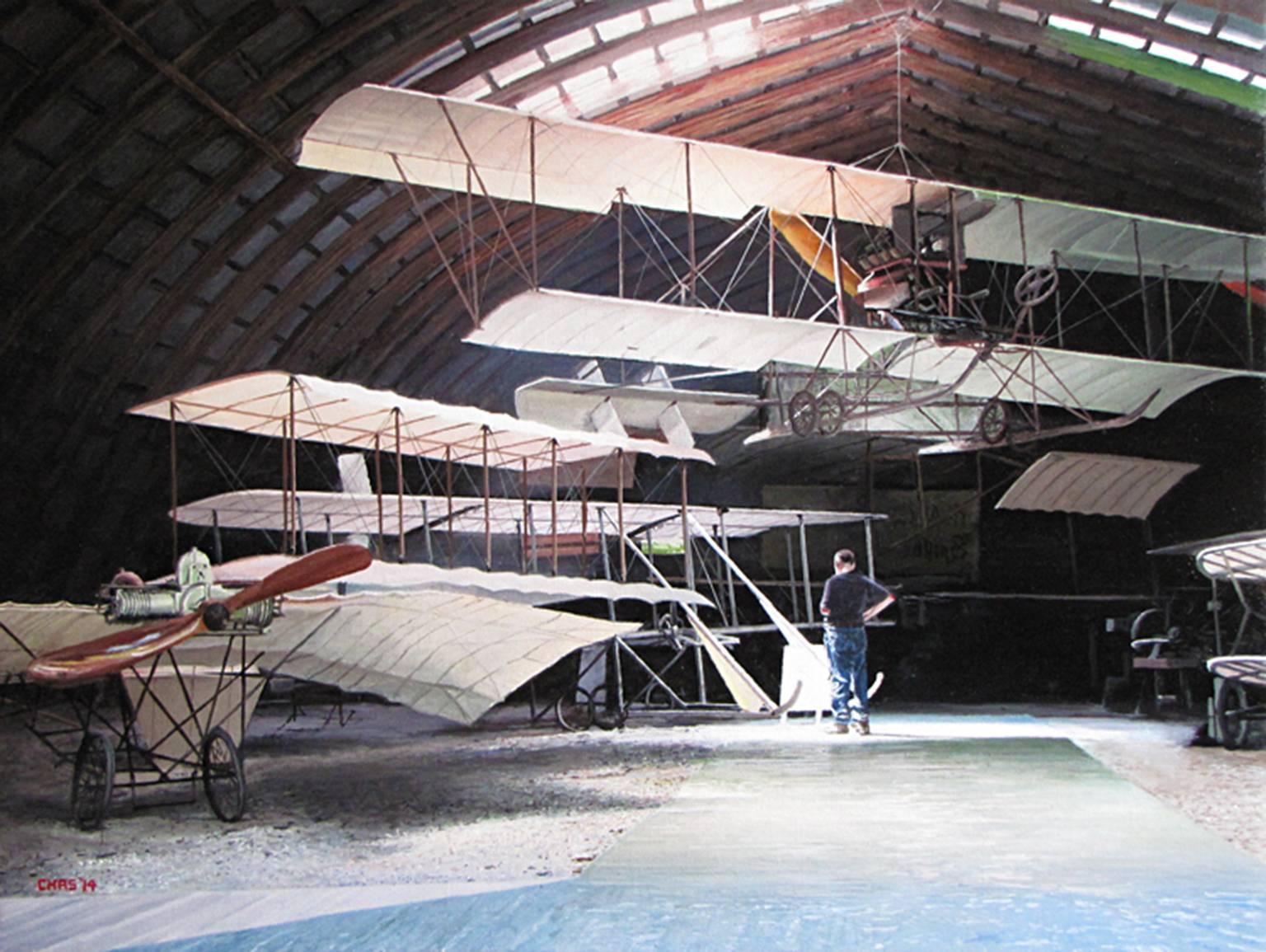 Charles Hartley Figurative Painting - Photorealist painting airplane hangar, "Residue", oil on linen