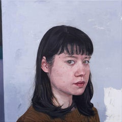 Realist portrait painting with light blue background, "Untitled G", Chang Park