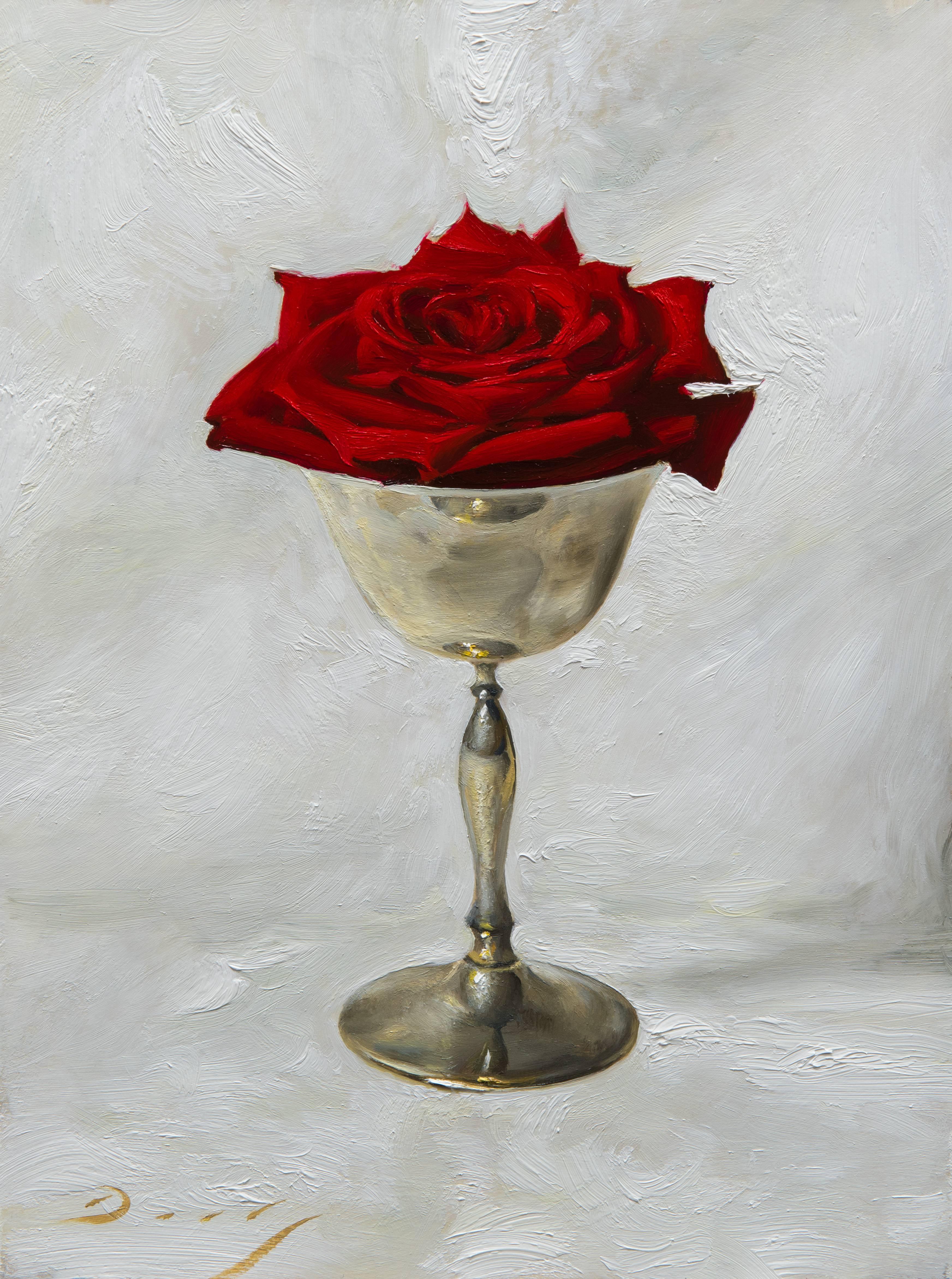 Joseph Q. Daily Still-Life Painting - Realist still-life with red rose in silver cup, "The Last Rose of Summer", oil