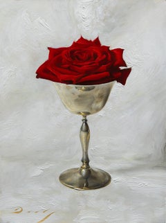 Realist still-life with red rose in silver cup, "The Last Rose of Summer", oil