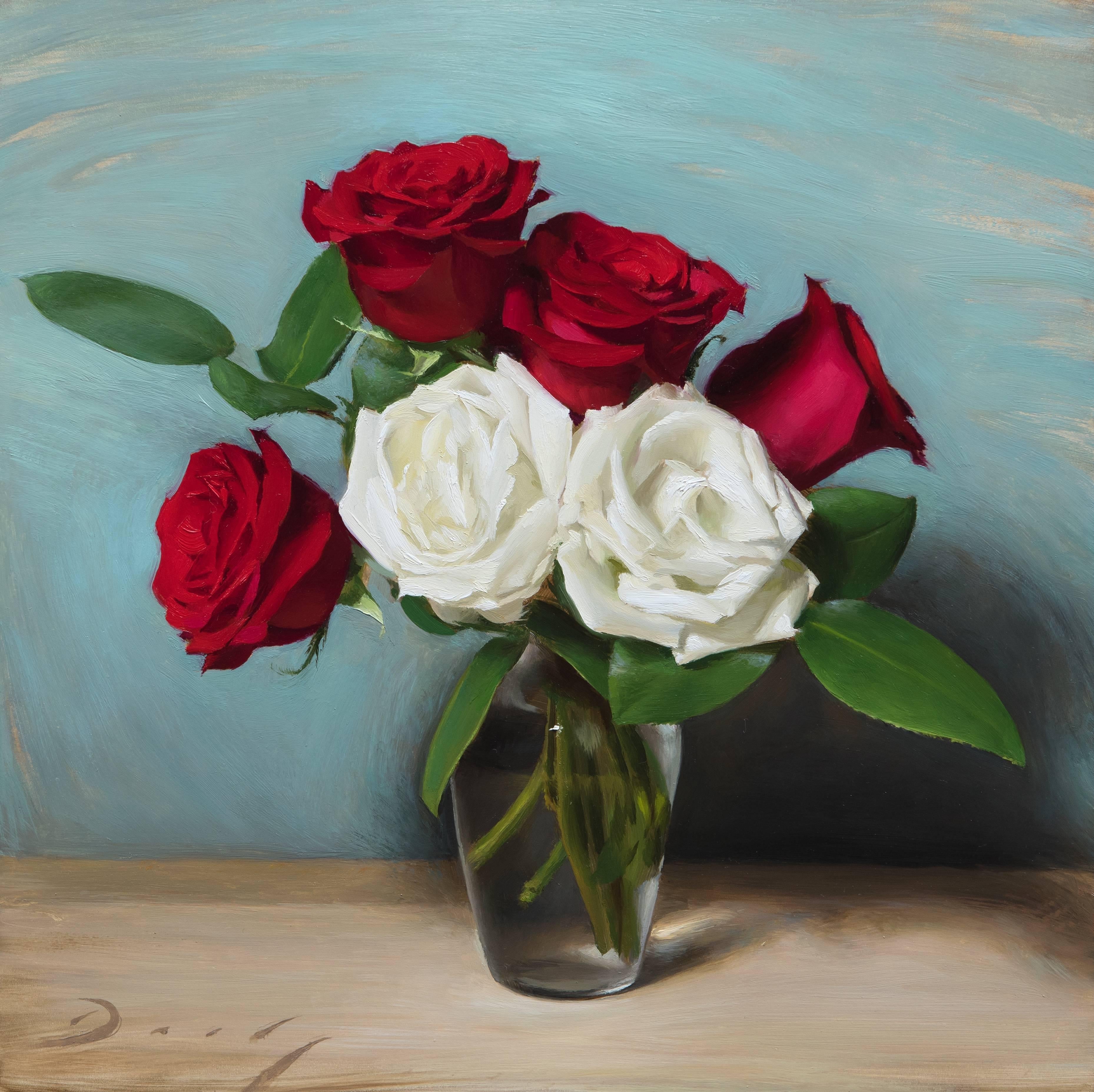 Joseph Q. Daily Still-Life Painting - Realist still-life with red and white roses, "Curtain Call", oil on panel, 2017