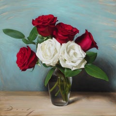 Realist still-life with red and white roses, "Curtain Call", oil on panel, 2017