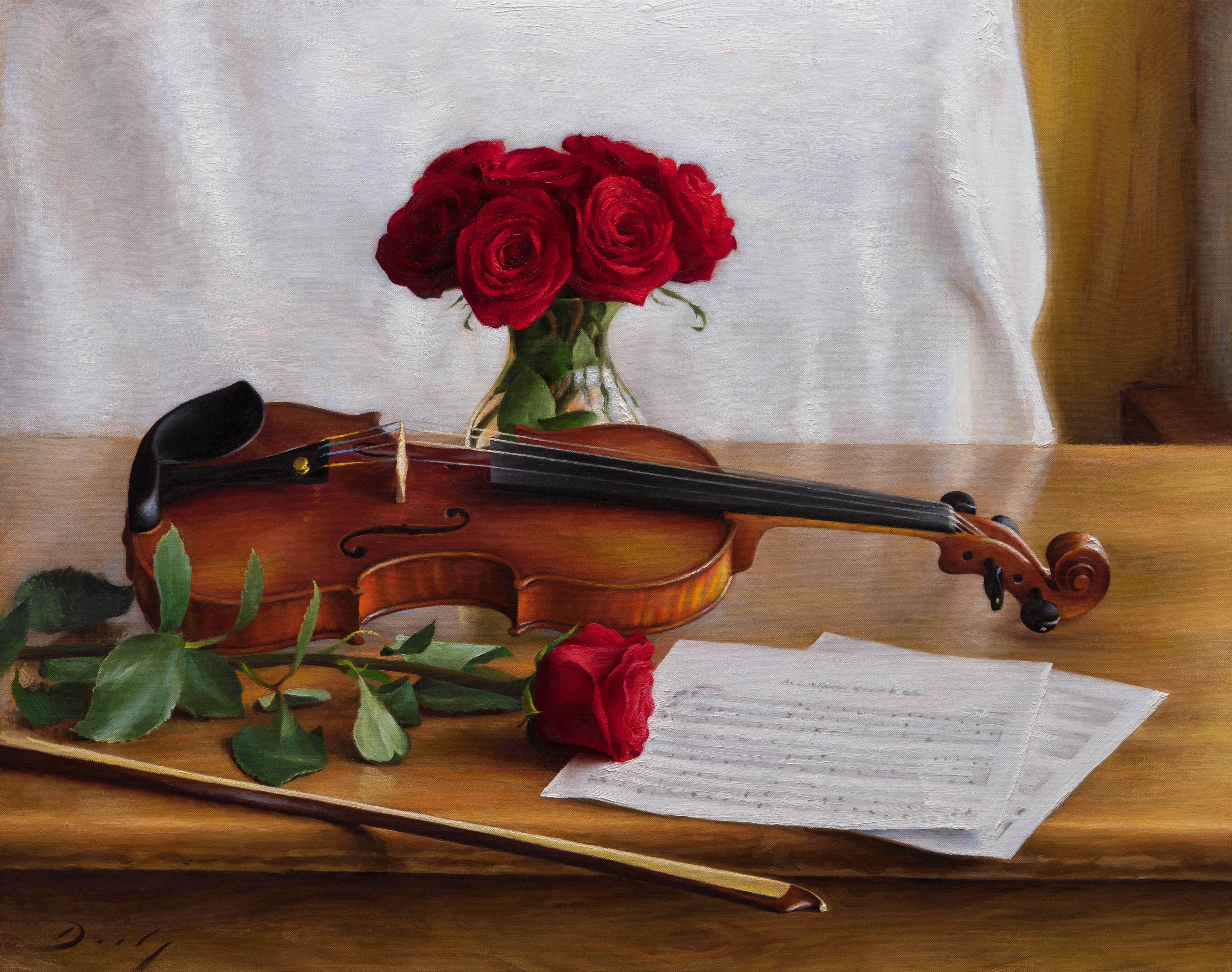 Joseph Q. Daily Still-Life Painting - Realist still-life with red roses and brown violin, "Ave Verum", oil on linen
