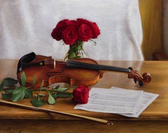 Realist still-life with red roses and brown violin, "Ave Verum", oil on linen