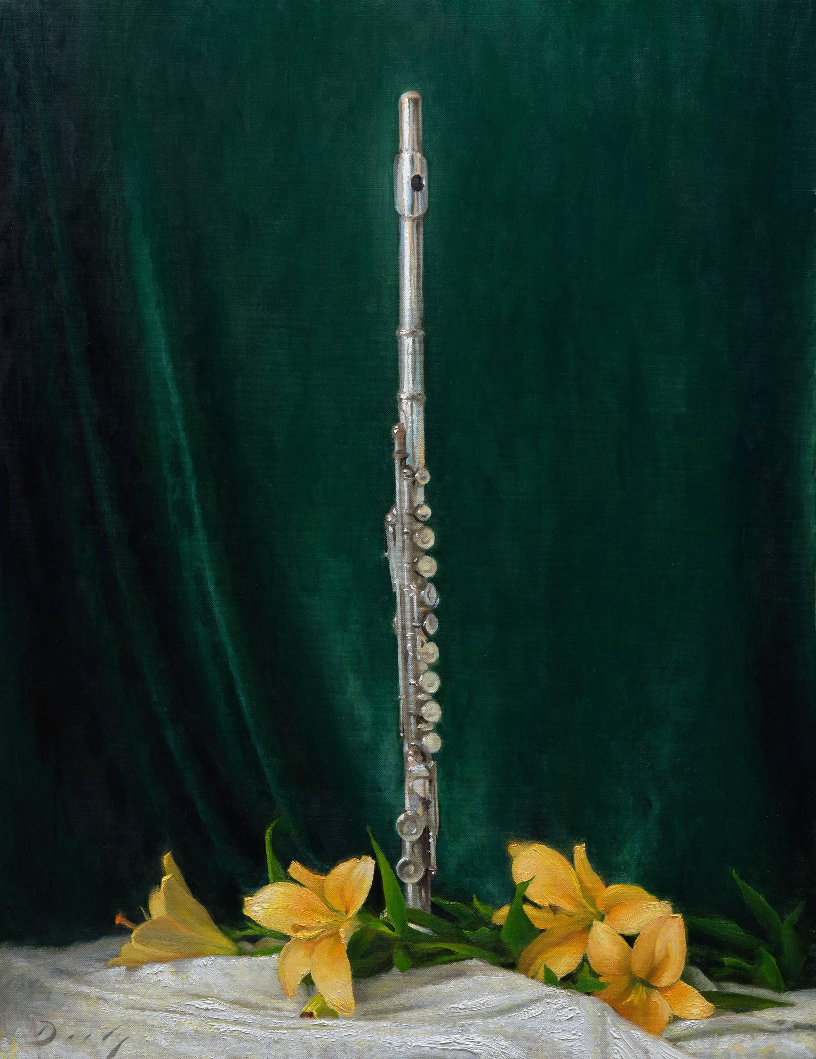 Joseph Q. Daily Still-Life Painting - Realist flute with green background and yellow flowers, "Emerald Isle" 