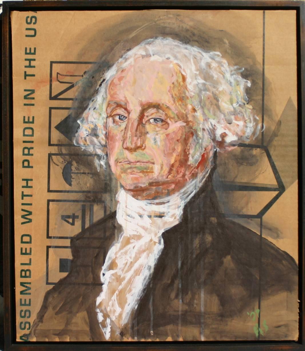 Gestural Portrait of George Washington (Acrylic on Appliance Box Cardboard) - Painting by Ann Strassman