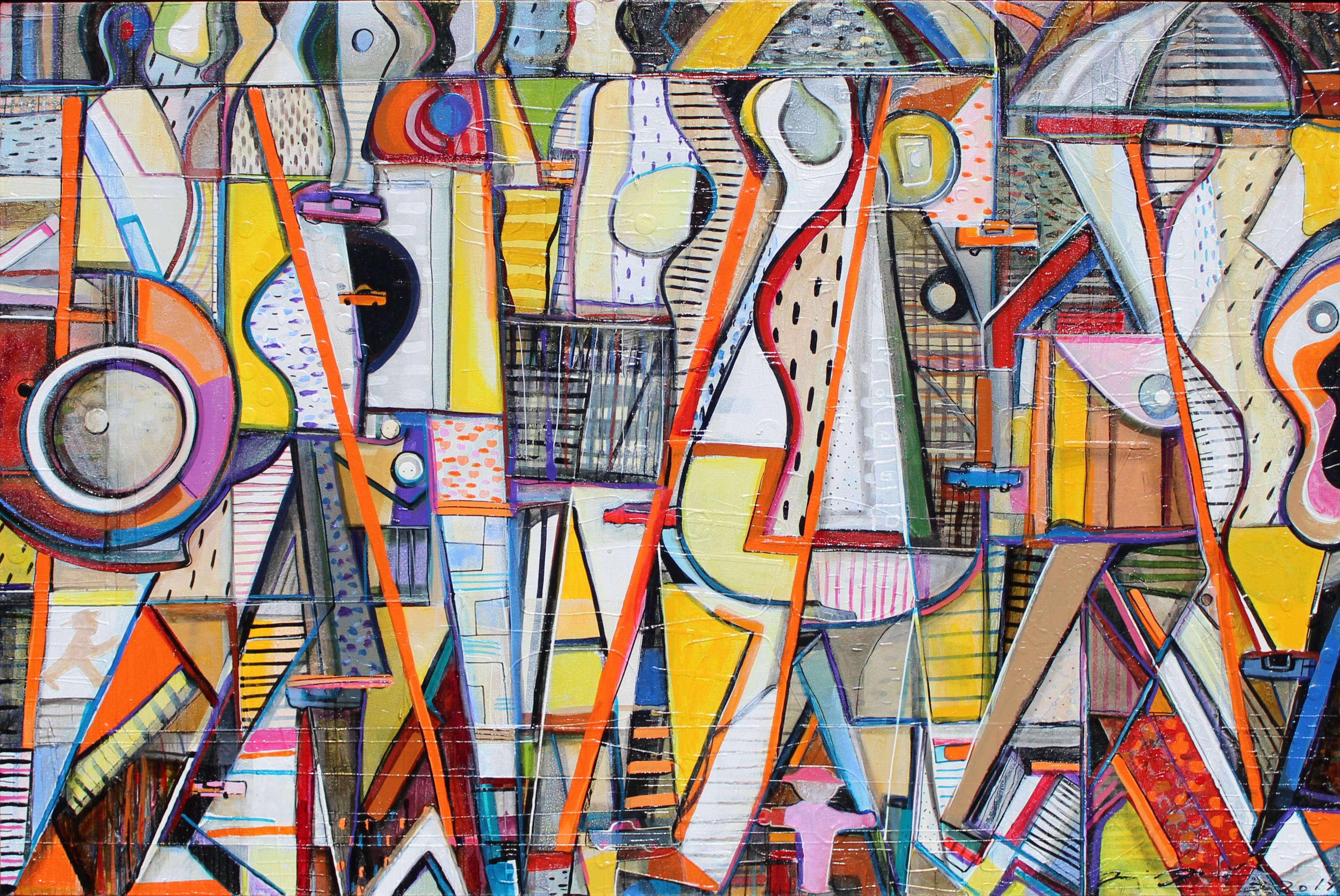 José Gonçalves Figurative Painting - Colorful Multimedia Painting of a Crowded, Rainy Street Scene