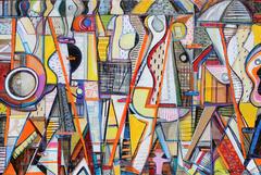 Colorful Multimedia Painting of a Crowded, Rainy Street Scene